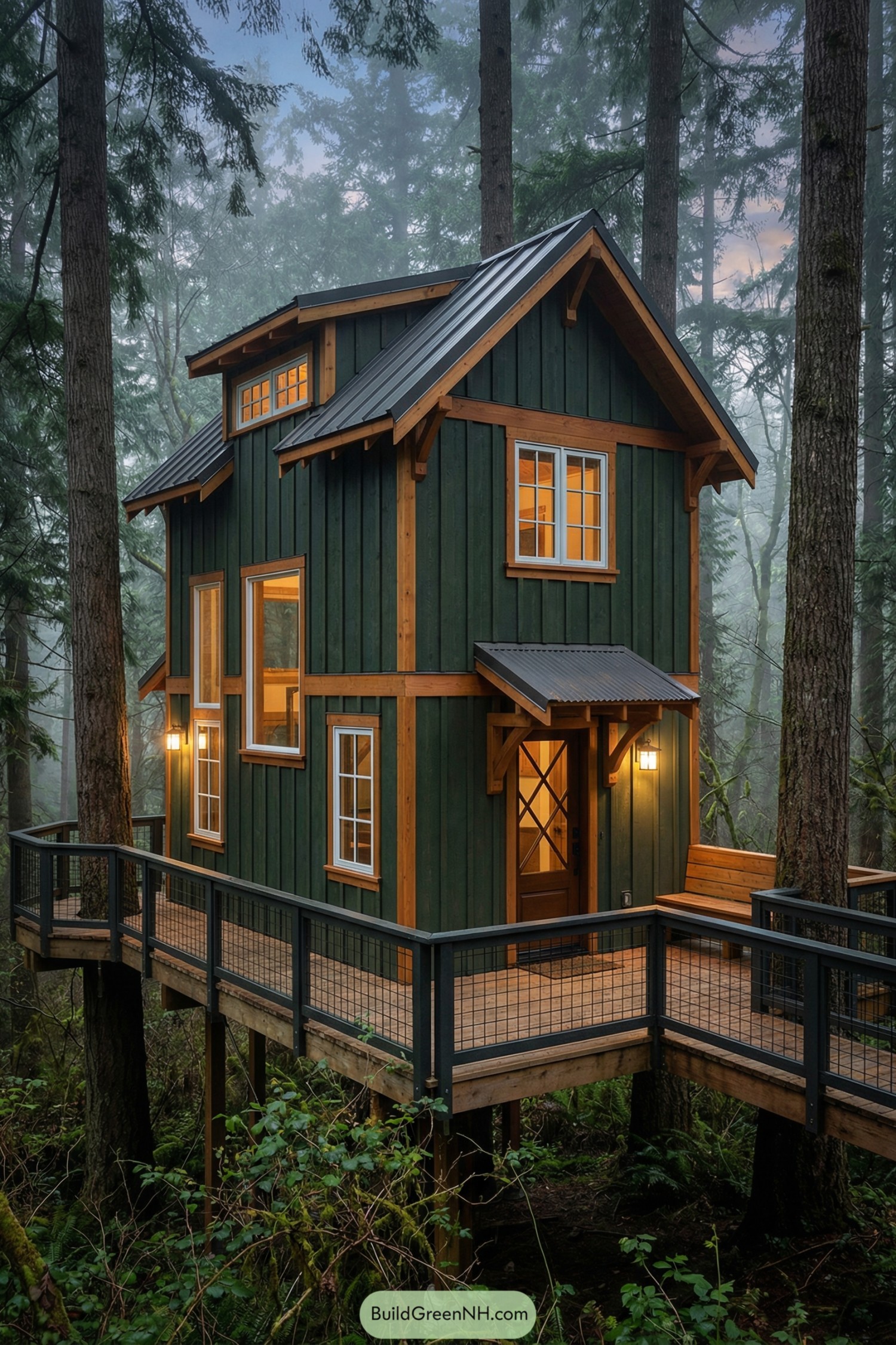 Small dark-green treetop cabin with warm lit windows and wraparound deck in a misty forest