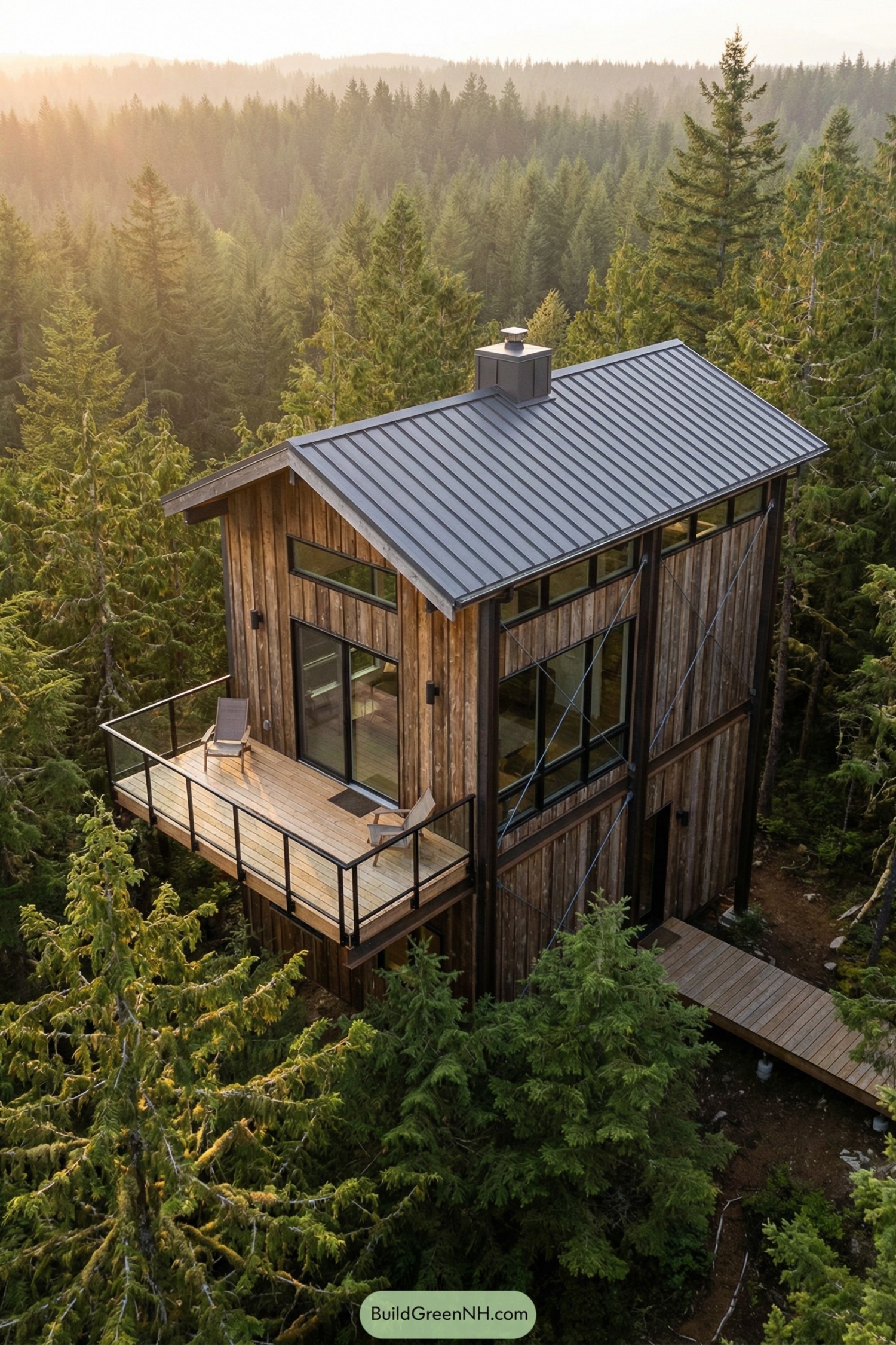 Tall wooden cabin with balcony rising above dense forest