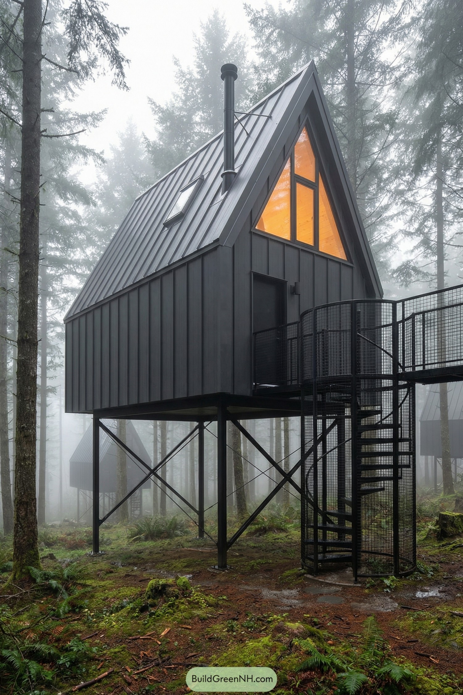 Foggy forest cabin on tall black stilts with steep metal roof and glowing triangular window