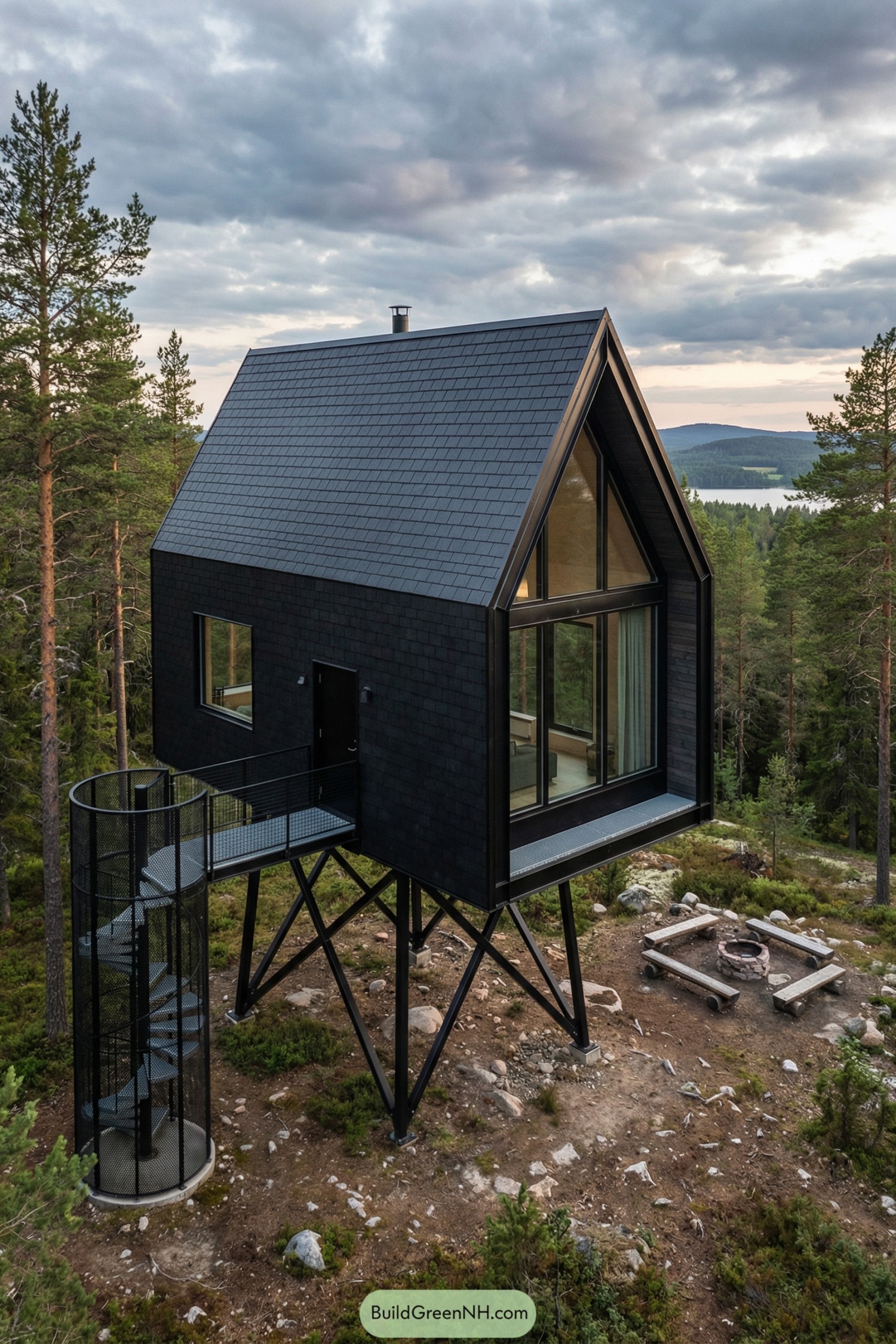 Black-clad stilt cabin with big gable window and spiral stair cylinder in a forest clearing