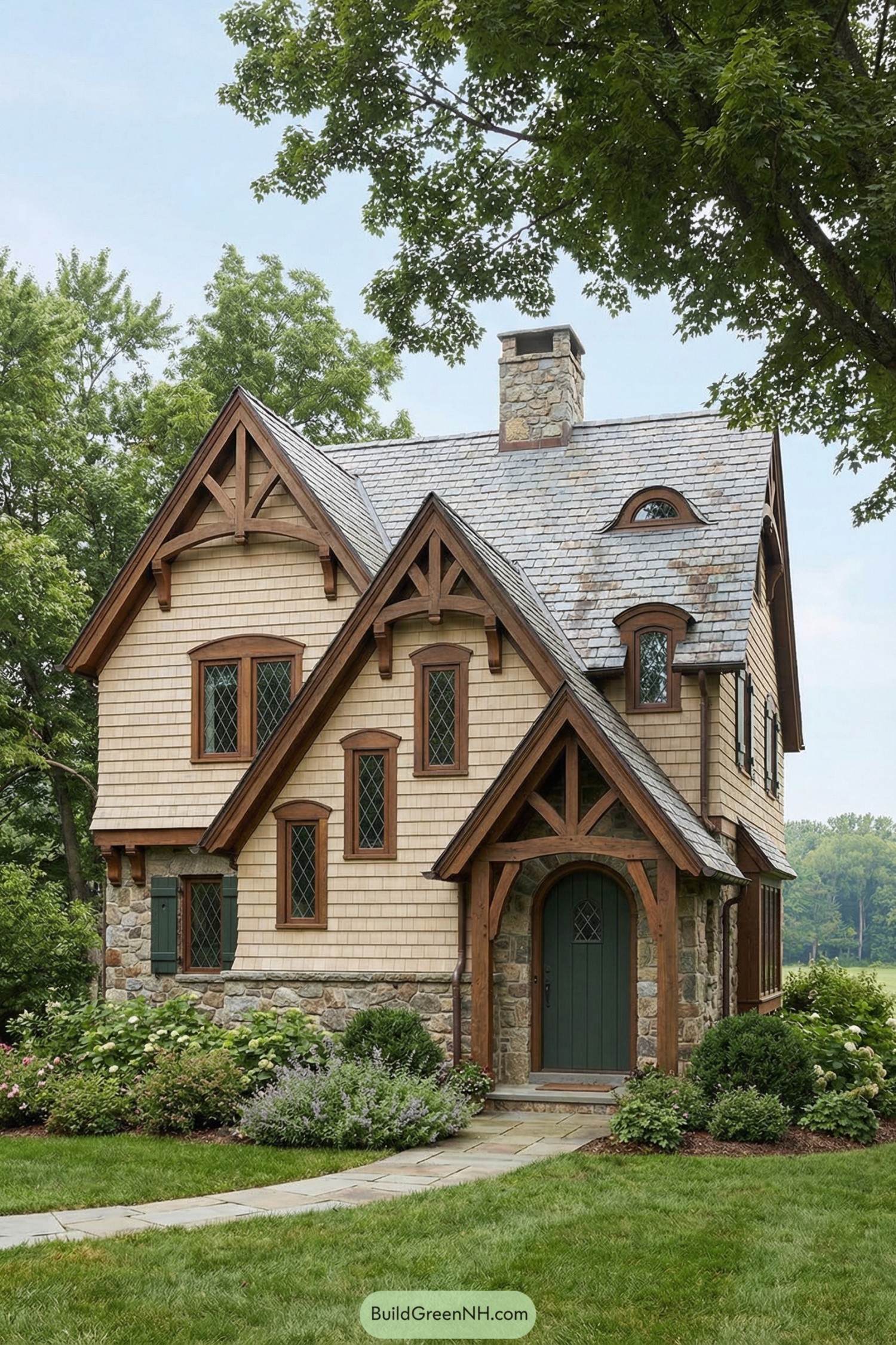 Two story cottage with timber gables and stone base surrounded by lush landscaping