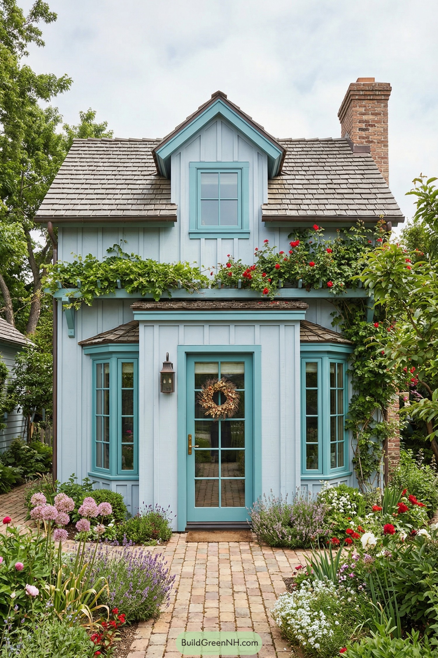 Light blue two story cottage with teal trim, shingled roof, brick chimney, and lush flower garden along a brick path