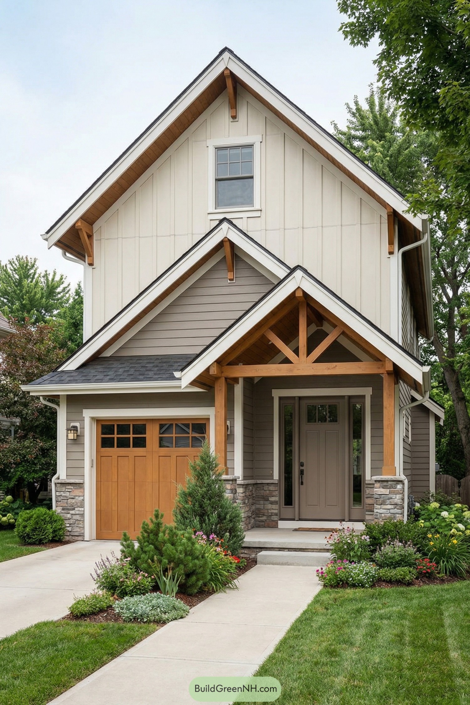 Compact two story cottage with steep gable roof, front porch, and attached single garage framed by lush landscaping