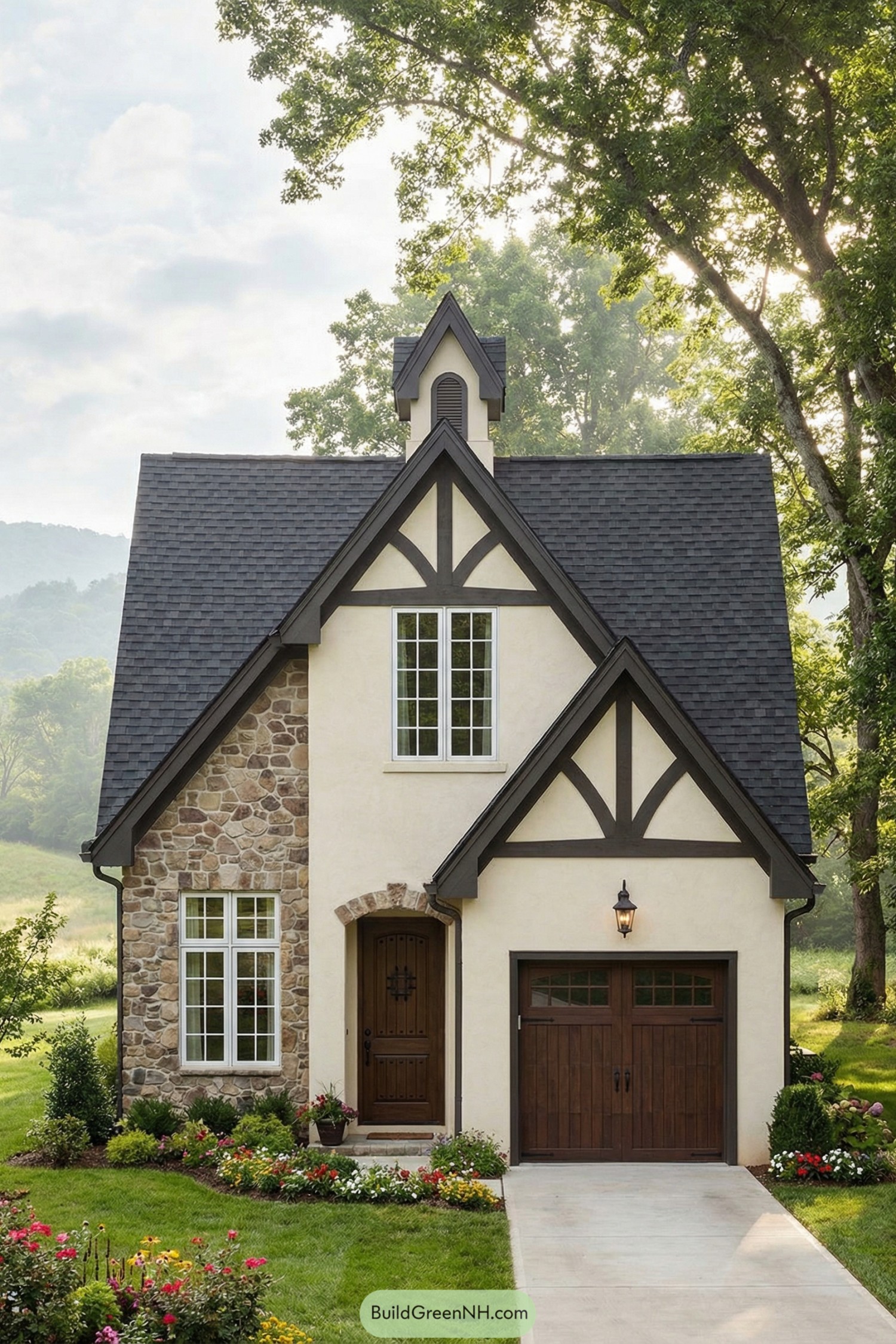 Compact Tudor cottage with steep gables stone and stucco front and attached single-car garage