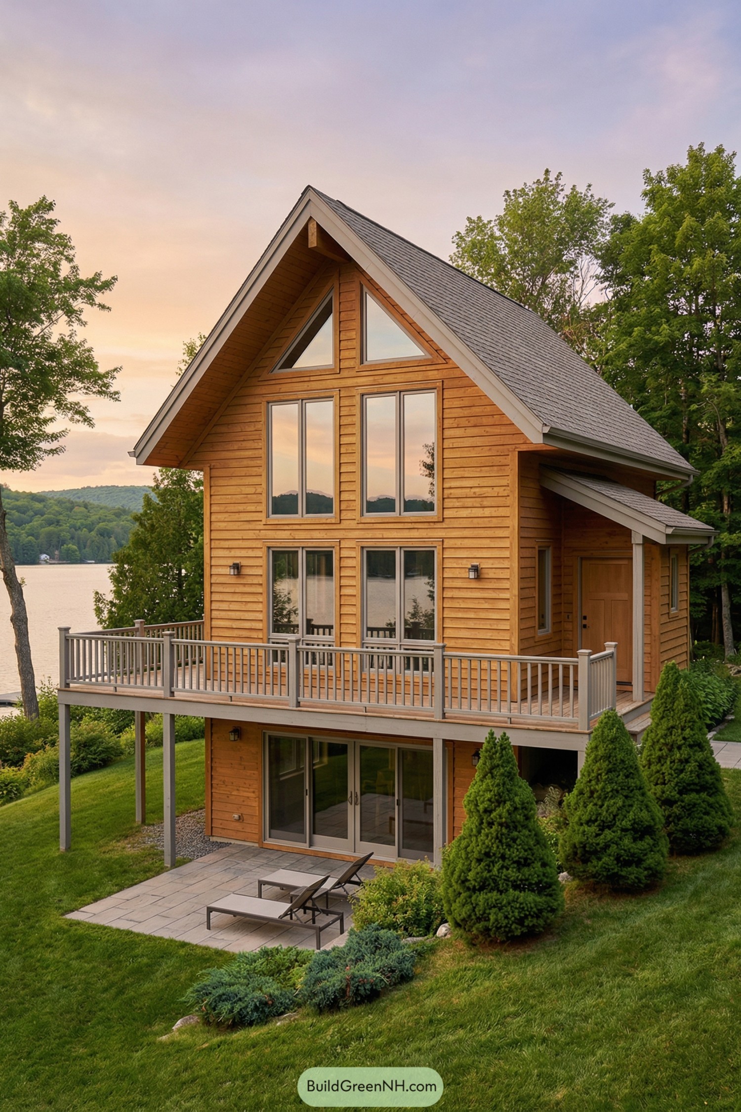 Two-story wooden cottage by a lake with tall windows and wraparound deck