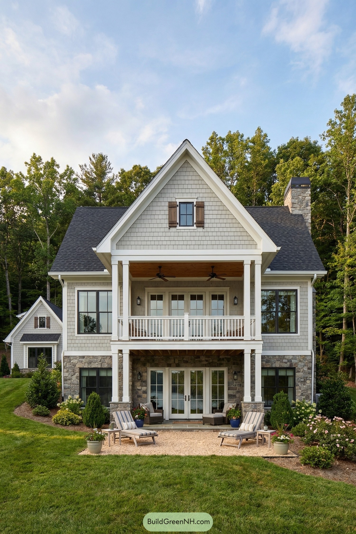 Two story cottage with stone base, gray shingles, double porches, and manicured yard. Lounge chairs and potted plants sit on a gravel patio facing the house
