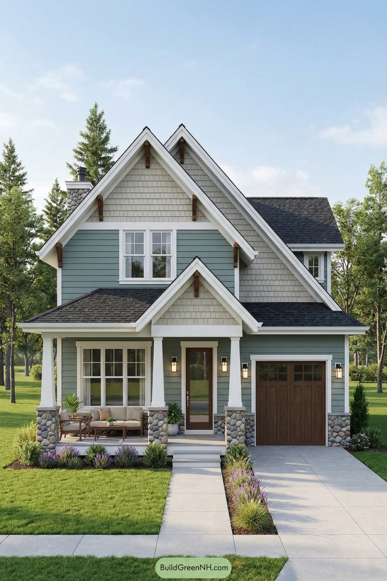 Two story cottage with green siding, stone porch columns, and attached single garage