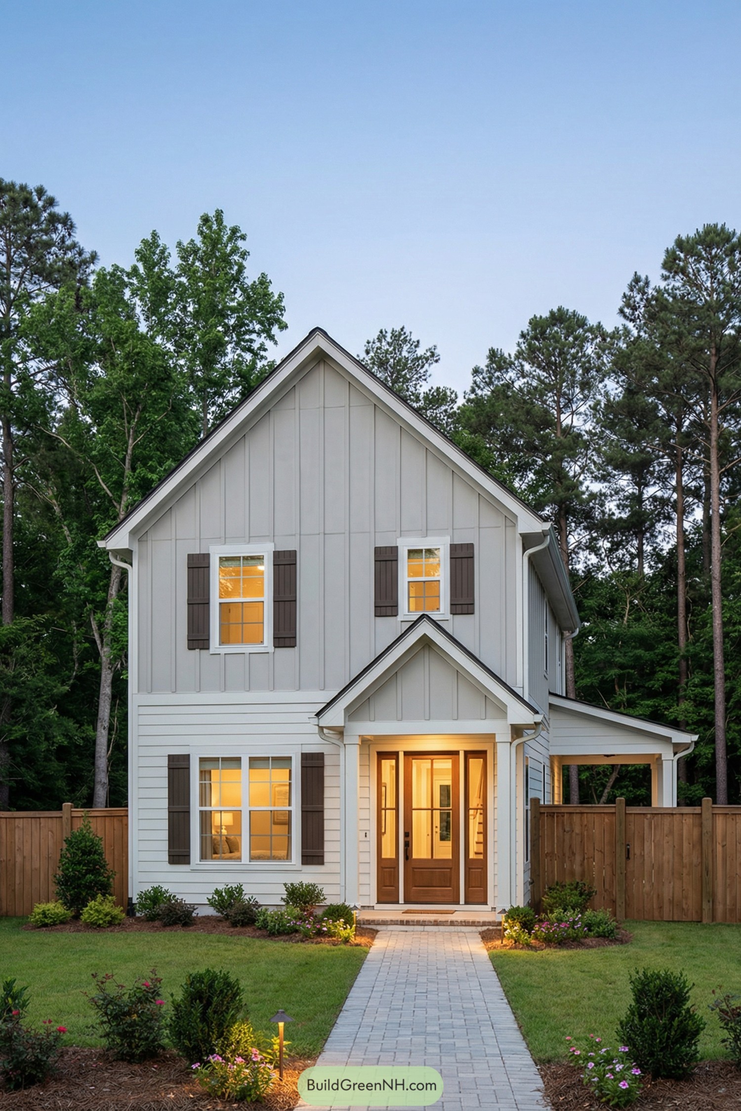 Two Story Gray Cottage With Warm Wood Door