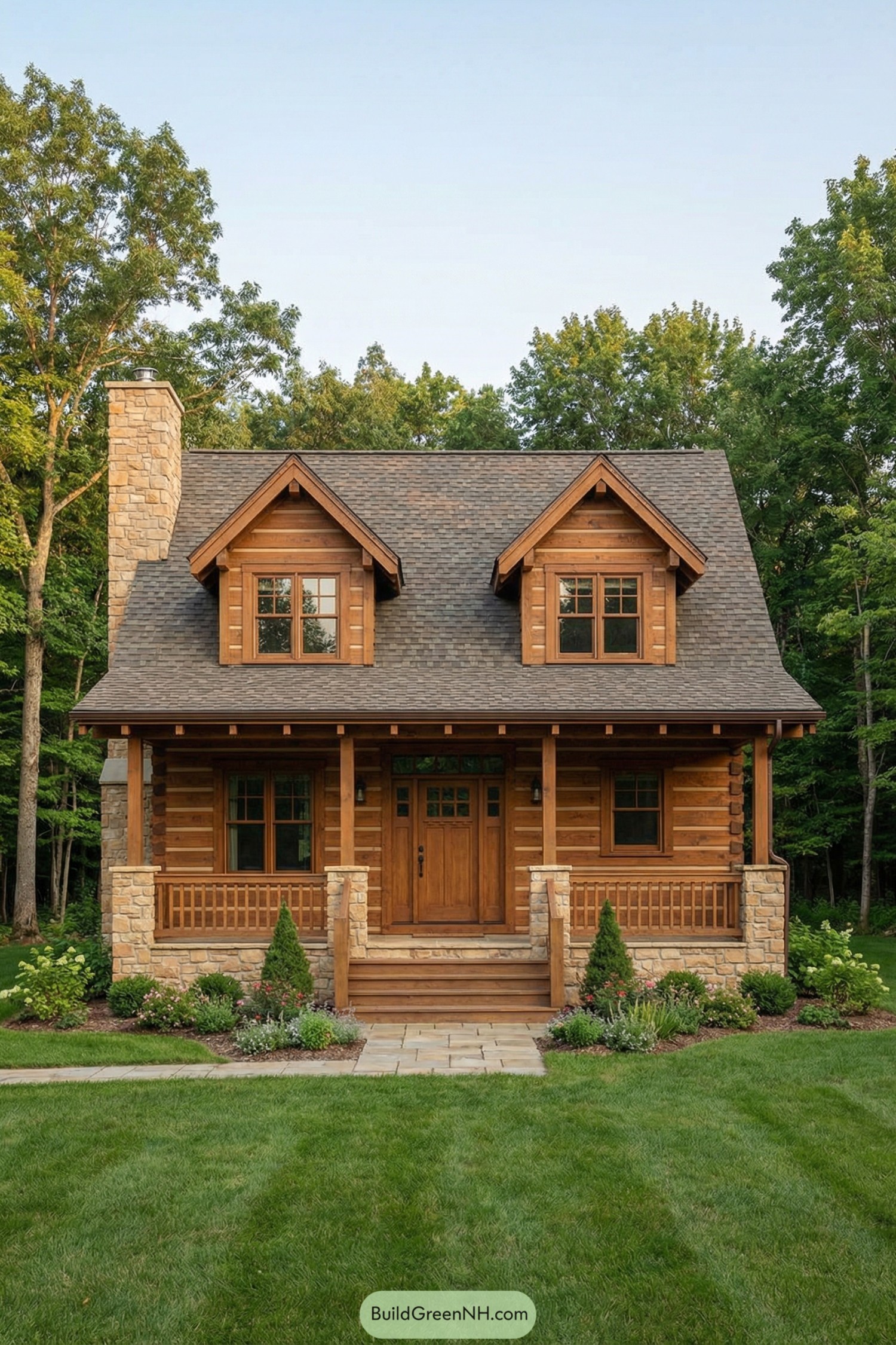 Two story log cottage with stone chimney, front porch, dormers, and landscaped yard