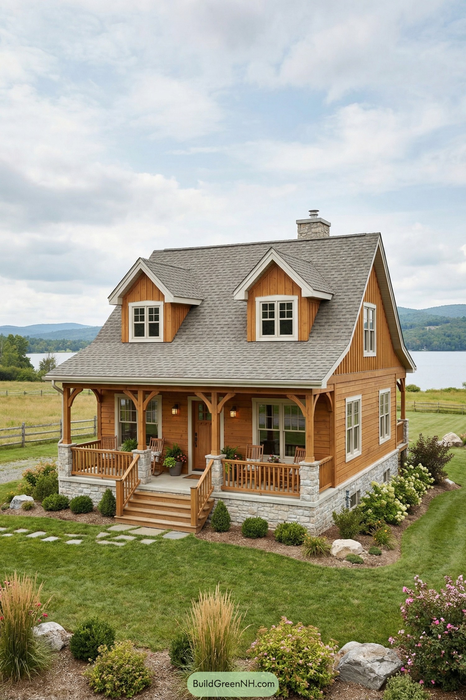 Two story wood cottage with wide front porch stone base and dormer windows by a lake