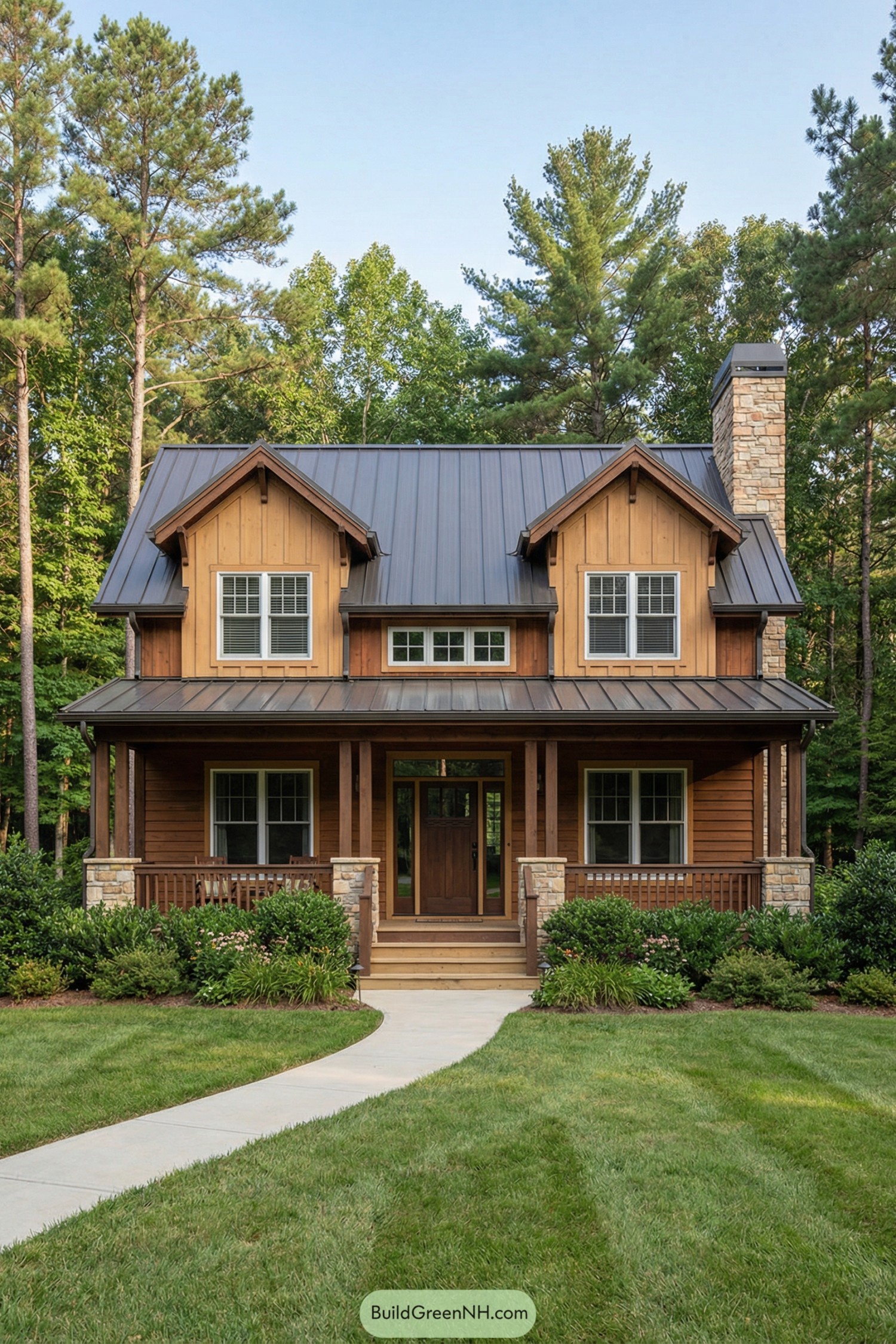 Warm two story wood cottage with metal roof front porch and stone chimney surrounded by trees