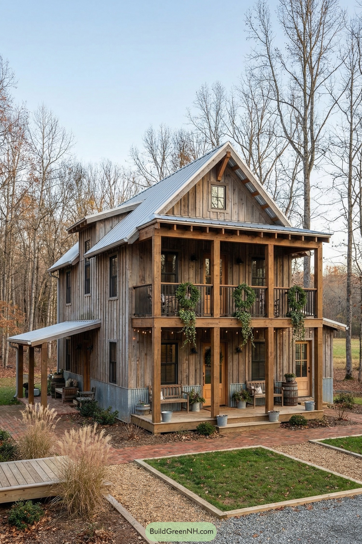 Two story rustic cottage with metal roof, double porches, and vertical wood siding in a wooded setting