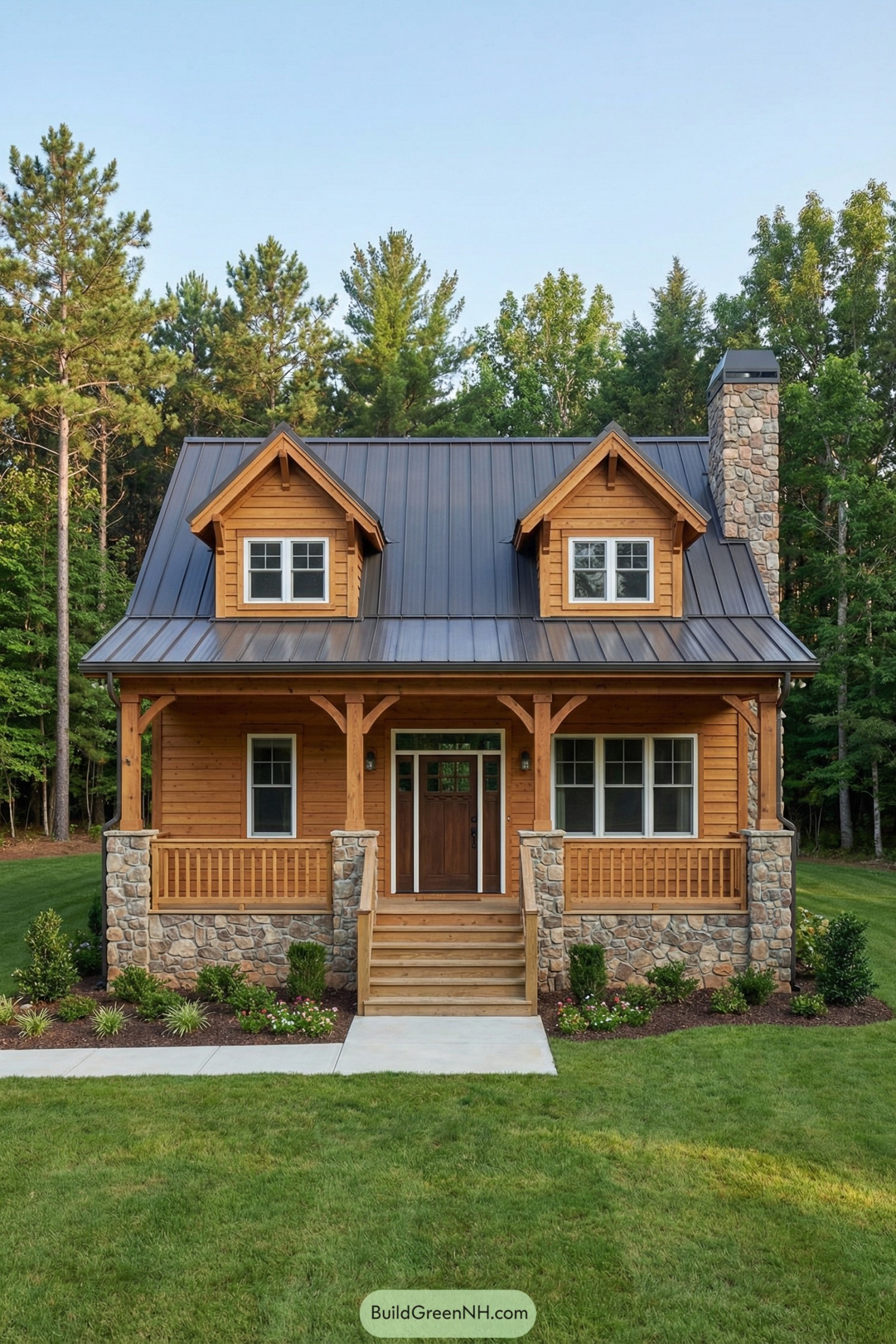 Warm wood cottage with stone base, front porch, dormers, and metal roof set against tall trees