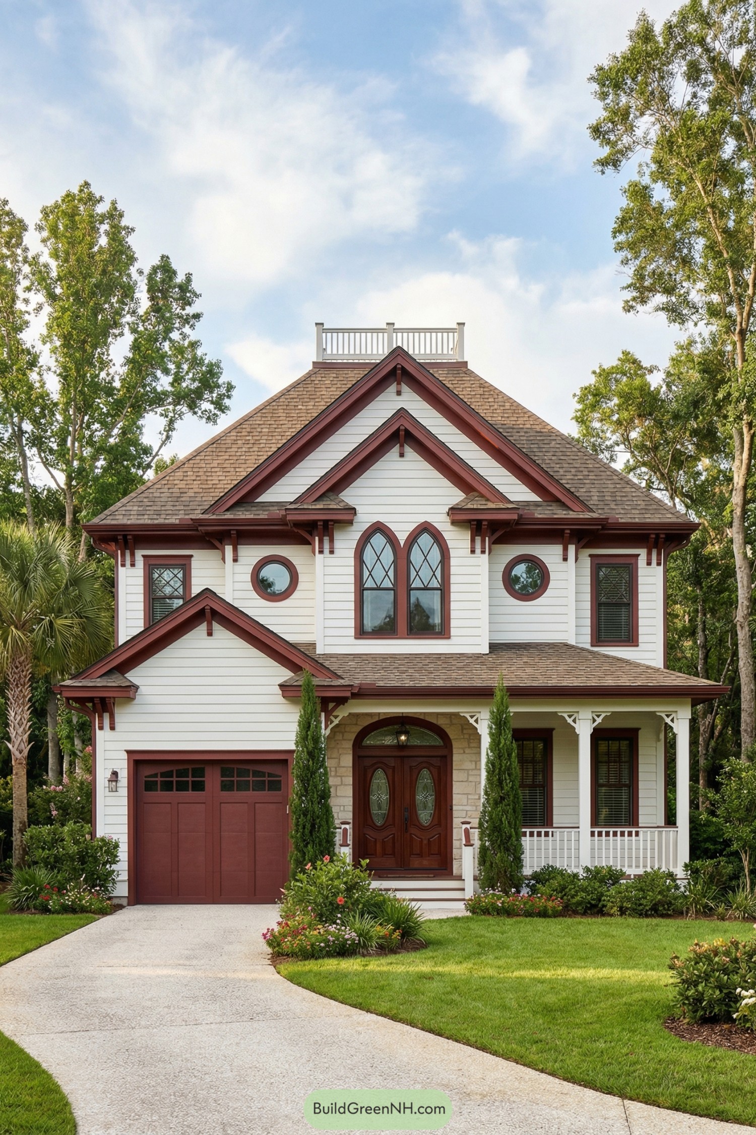 Two story cottage with red trim, arched windows, and front porch surrounded by lush landscaping