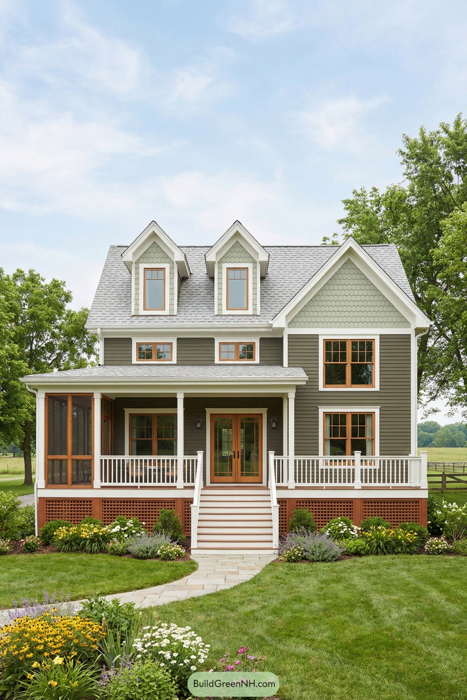 Two story green cottage with three front gables a wide front porch and landscaped front yard
