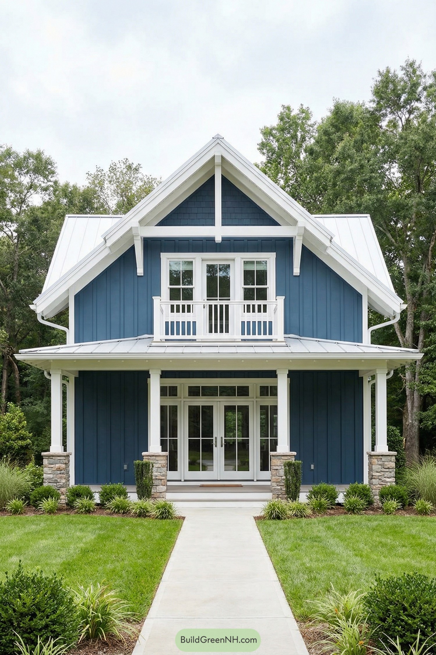 Blue two story cottage with white trim, front porch, and upper balcony facing a manicured lawn