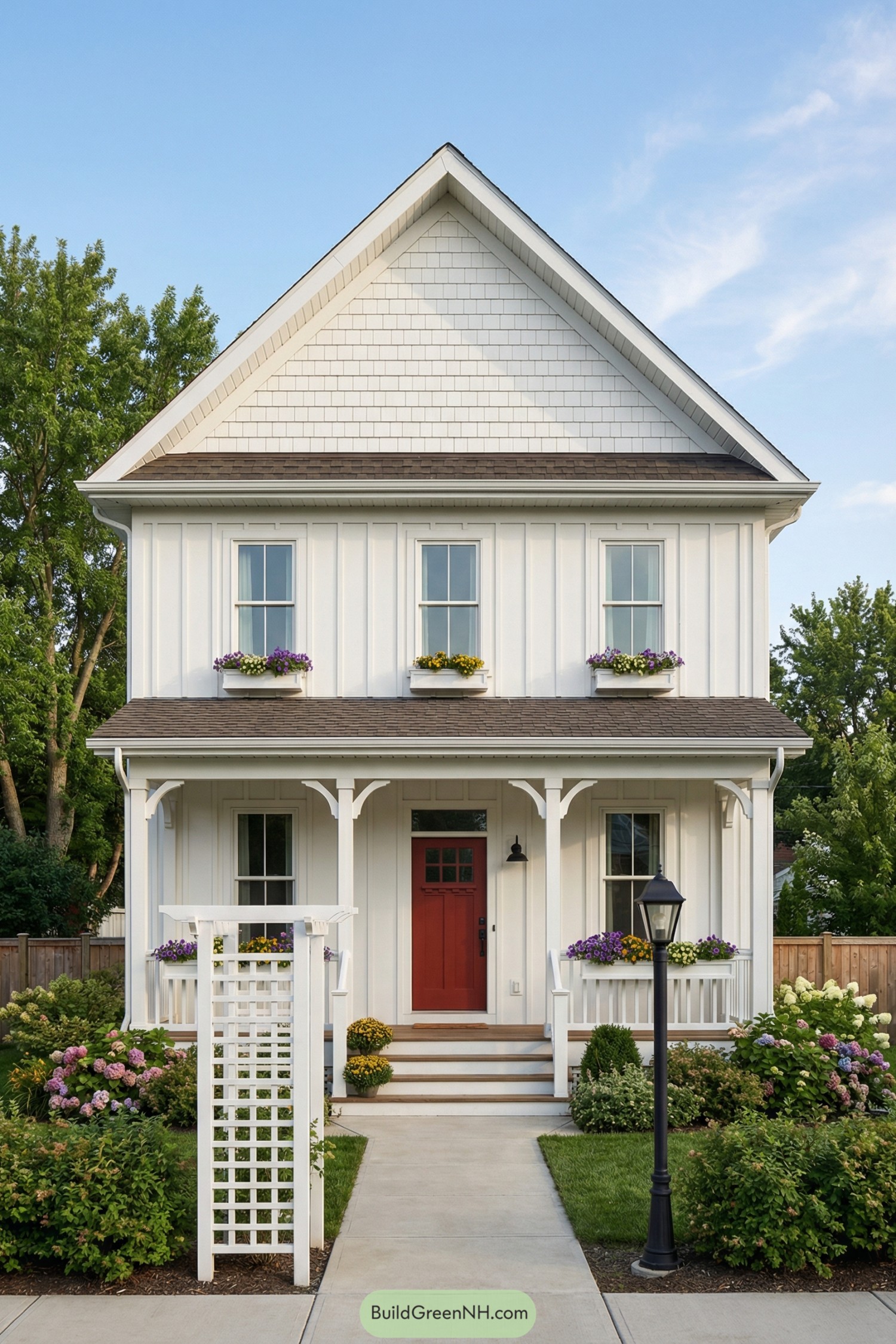 White two story cottage with tall gable and red front door