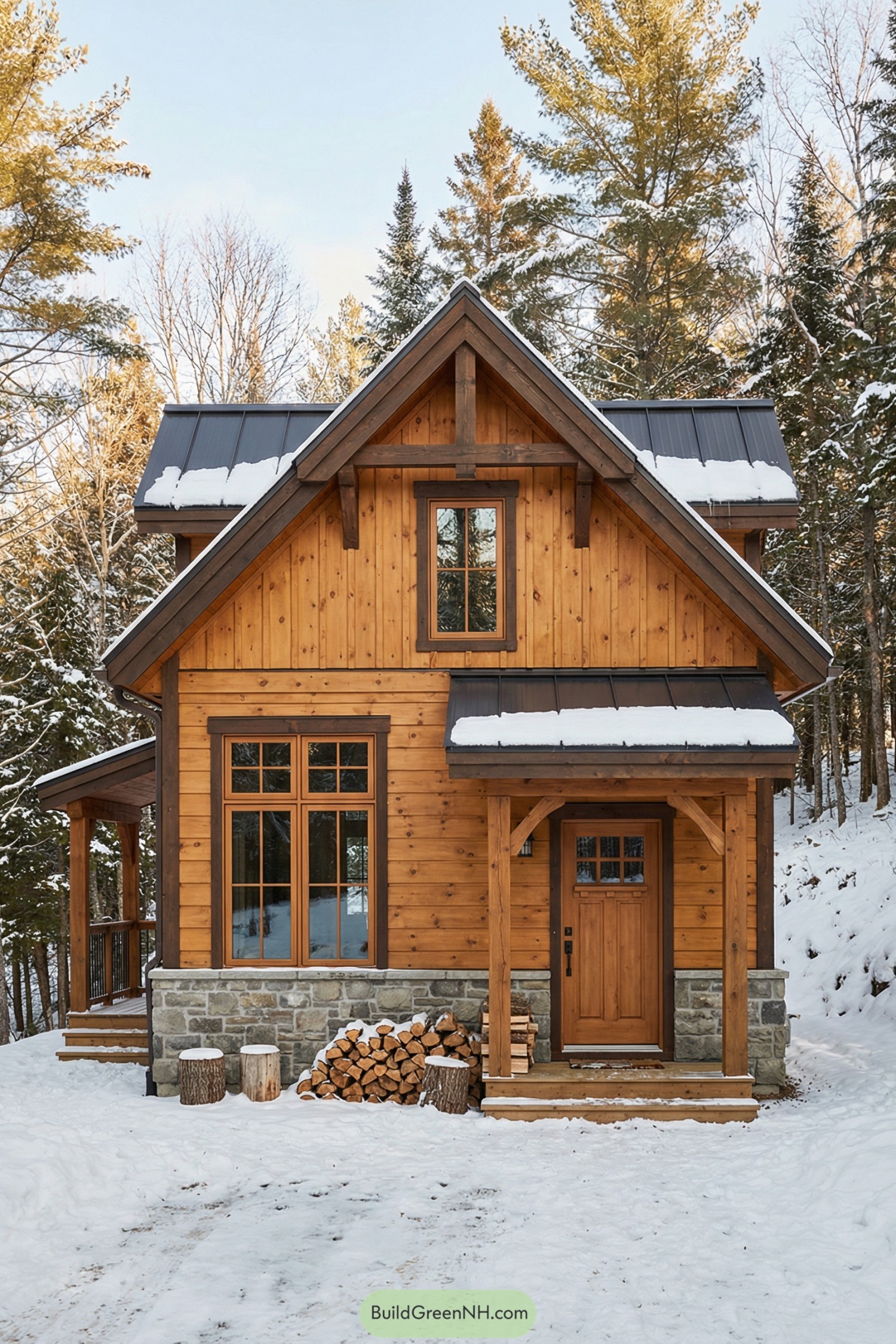 Cozy wooden cabin with stone base in snowy forest