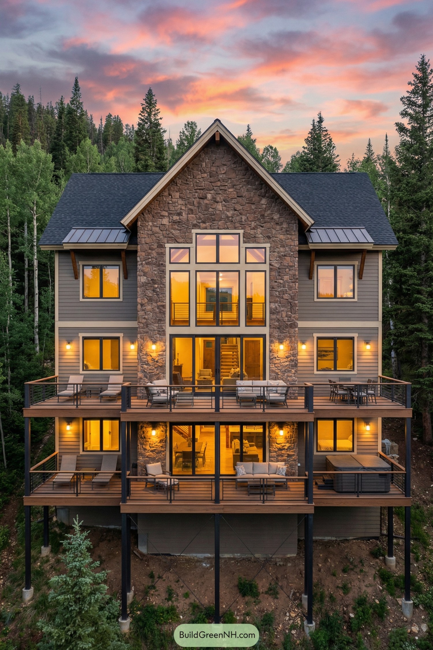 Modern mountainside cabin with stone façade and tiered balconies