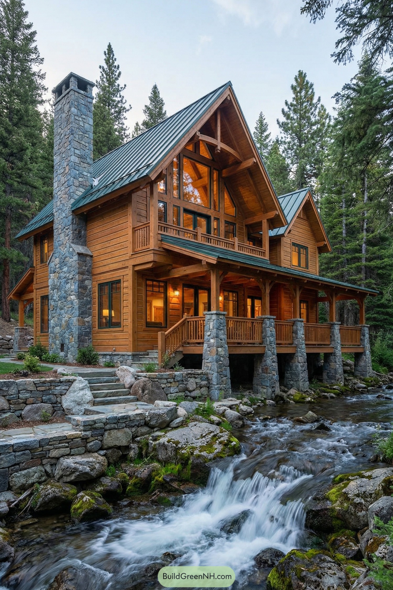 Wood and stone cabin perched above a rushing forest creek with tall windows and wraparound porch