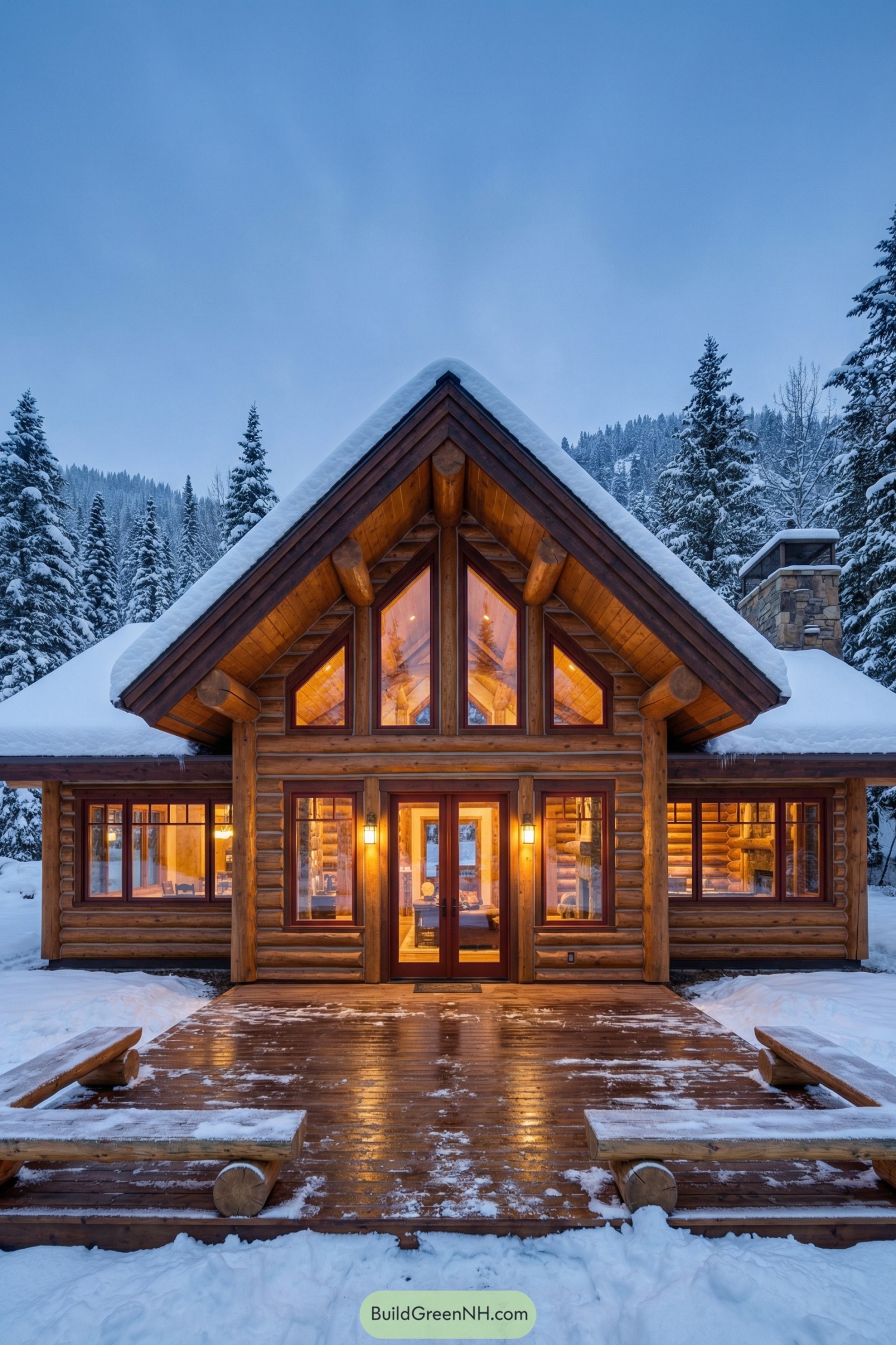 Cozy log cabin with large front deck and glowing windows in a snowy forest setting
