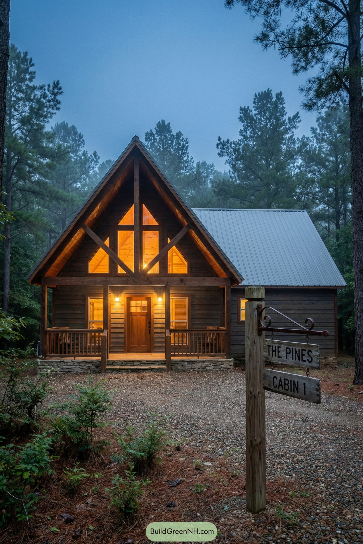 Warm lit A-frame cabin with metal roof nestled among tall pine trees