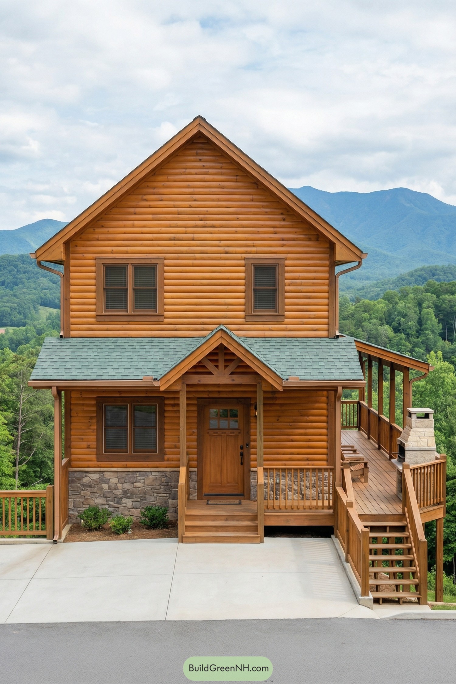 Two-story log cabin with stone base and wraparound deck overlooking forested mountains. Front gable roof with small porch and side stairs leading to outdoor fireplace