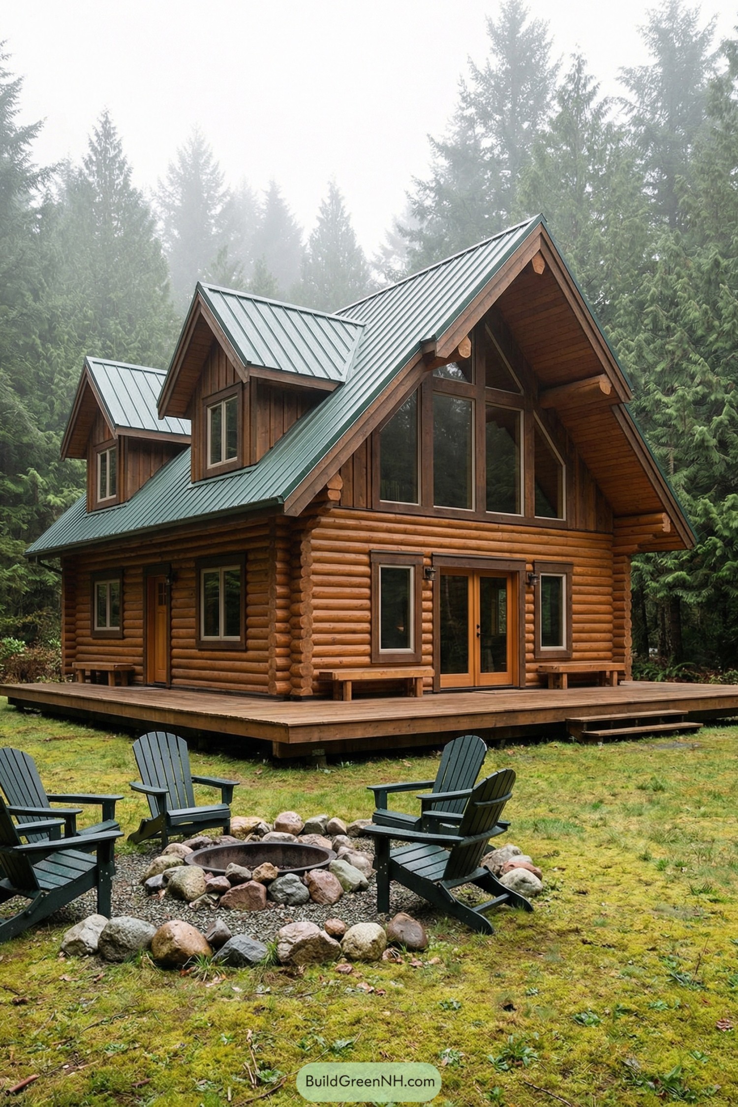 high-res photo of Vacation Cabin, facade: rustic two-story log cabin with prominent central A-frame gable and lower side wing, thick round horizontal logs with visible corner notches, style: traditional mountain lodge, colors: warm natural brown logs, dark wood trim, deep green metal roof, shape of structure: rectangular main volume with extended front deck and asymmetric roofline with dormers, materials: solid timber logs, wood decking, large glass panels in wood frames, roofing: standing-seam metal roof in dark green with steep pitch, main front gable and two shed dormers, exposed timber eaves, windows style: large floor-to-ceiling fixed and casement windows in the central gable, smaller rectangular windows along the ground floor and dormers, all with slim dark wood frames, door style: full-height glazed wooden door with side lights opening onto the deck, outdoor area: wide elevated wooden deck wrapping the front, simple built-in benches, foreground circular stone firepit ringed with mixed-size rocks, several dark-painted Adirondack chairs around the fire area, landscaping: open grassy lawn with patches of moss and low ferns, scattered small shrubs and ornamental plants near the deck edge, surrounding background: dense evergreen forest with tall conifer trees and layered foliage enclosing the cabin, soft overcast daylight, slight misty atmosphere, real-life photo, high-resolution, architectural photography, soft lighting, cinematic composition.