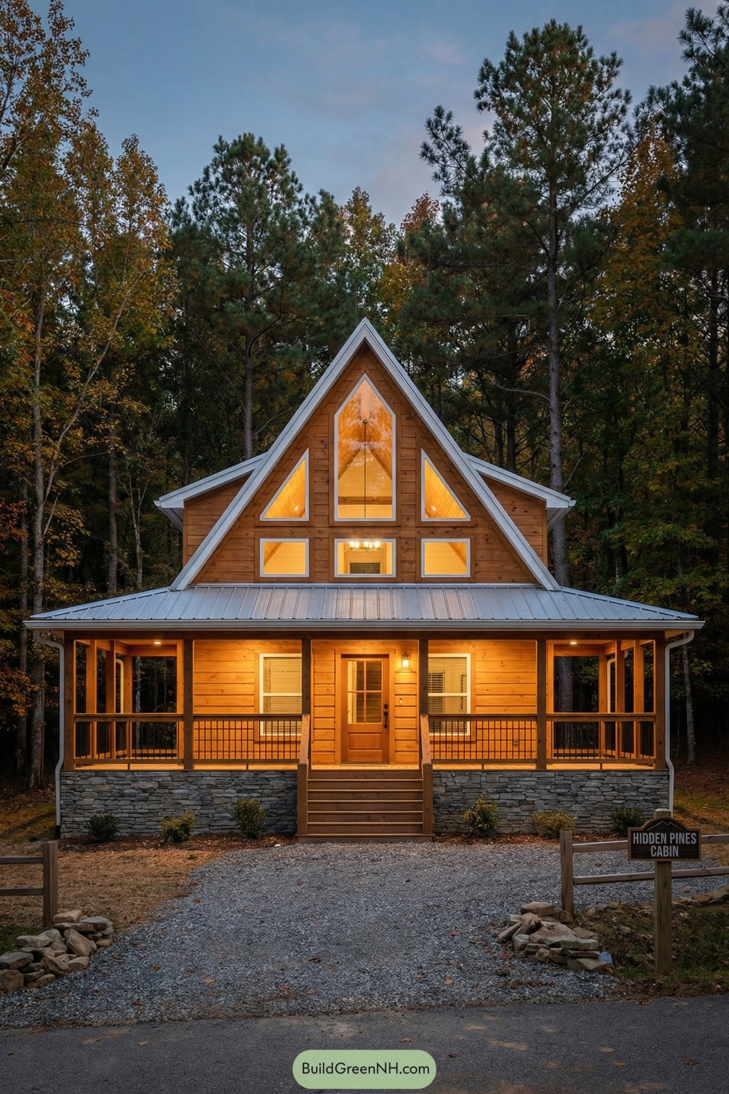 Warm glowing A-frame style cabin with wraparound porch set against tall forest trees at dusk