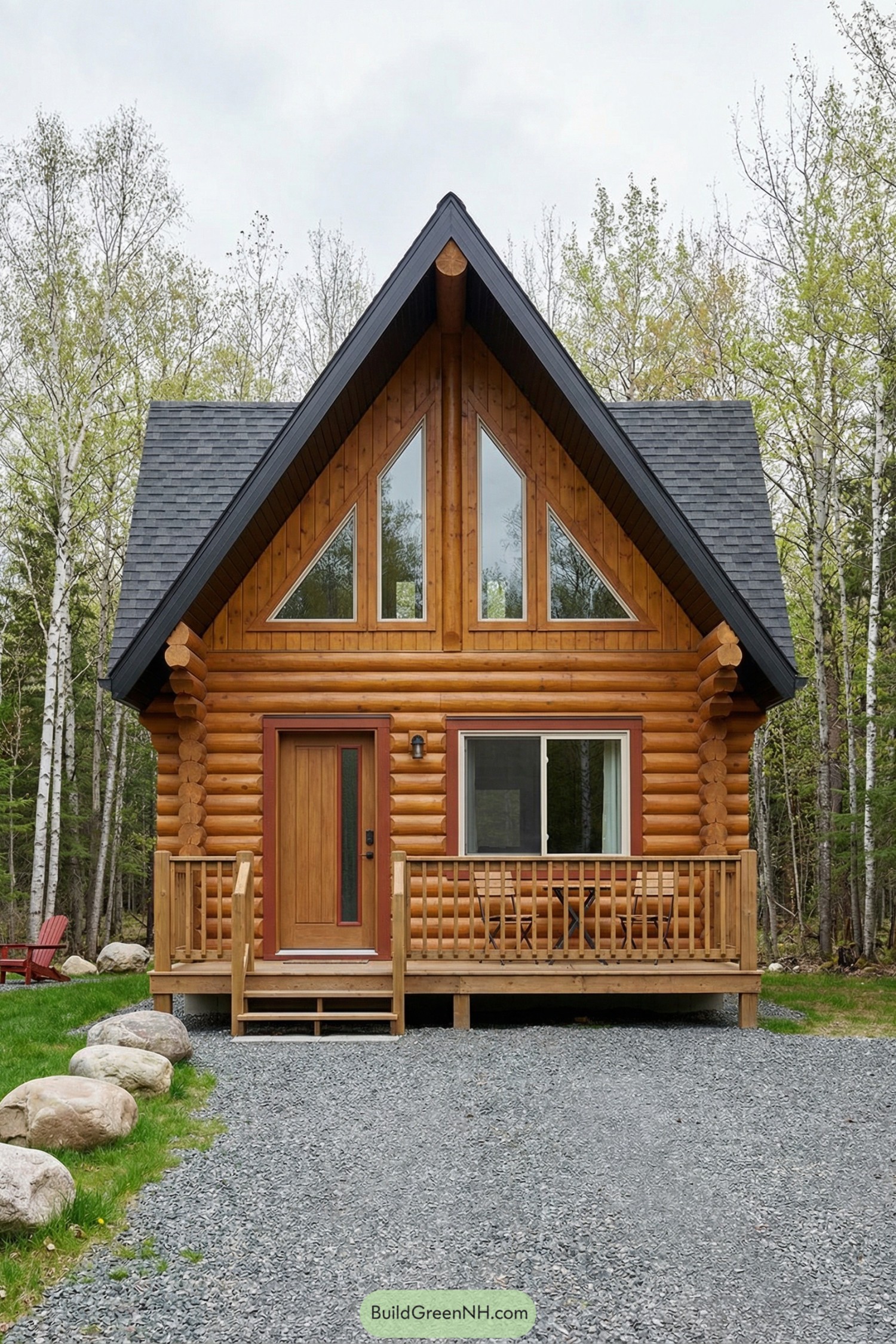 Cozy A-frame log cabin with tall front windows and a small porch