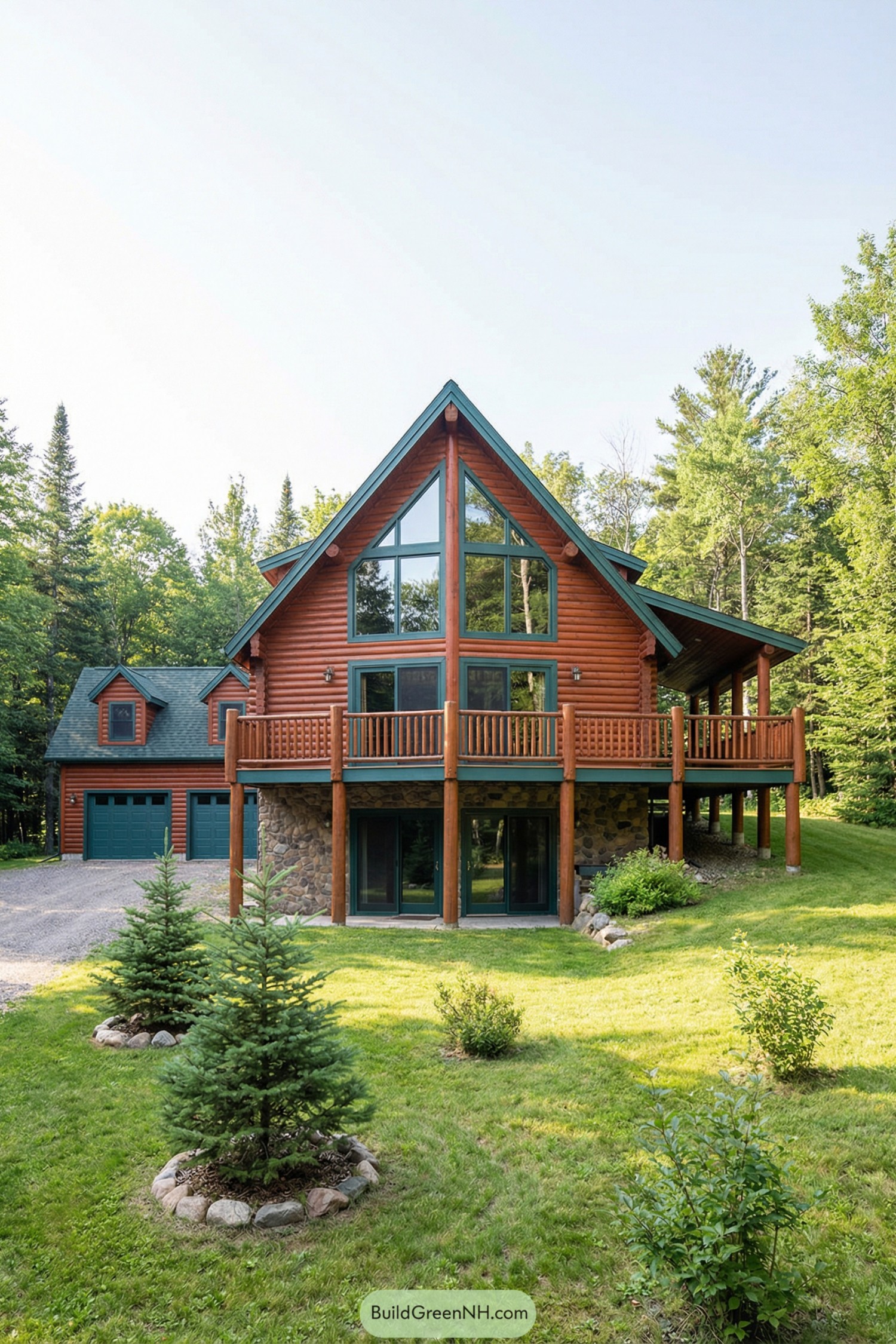 Wooded log cabin with tall windows and wraparound deck