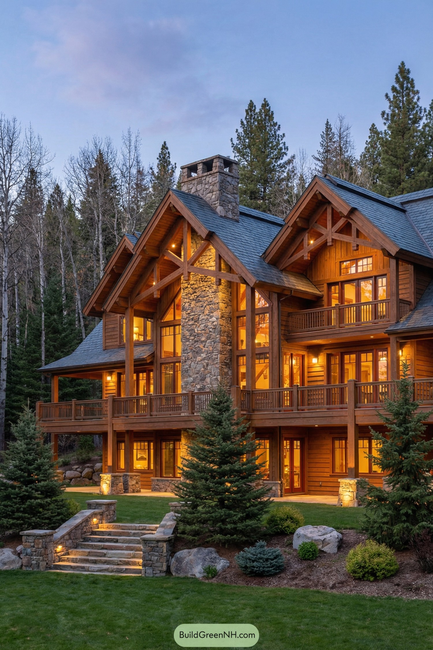 Three story timber cabin with stone chimney and warm exterior lighting