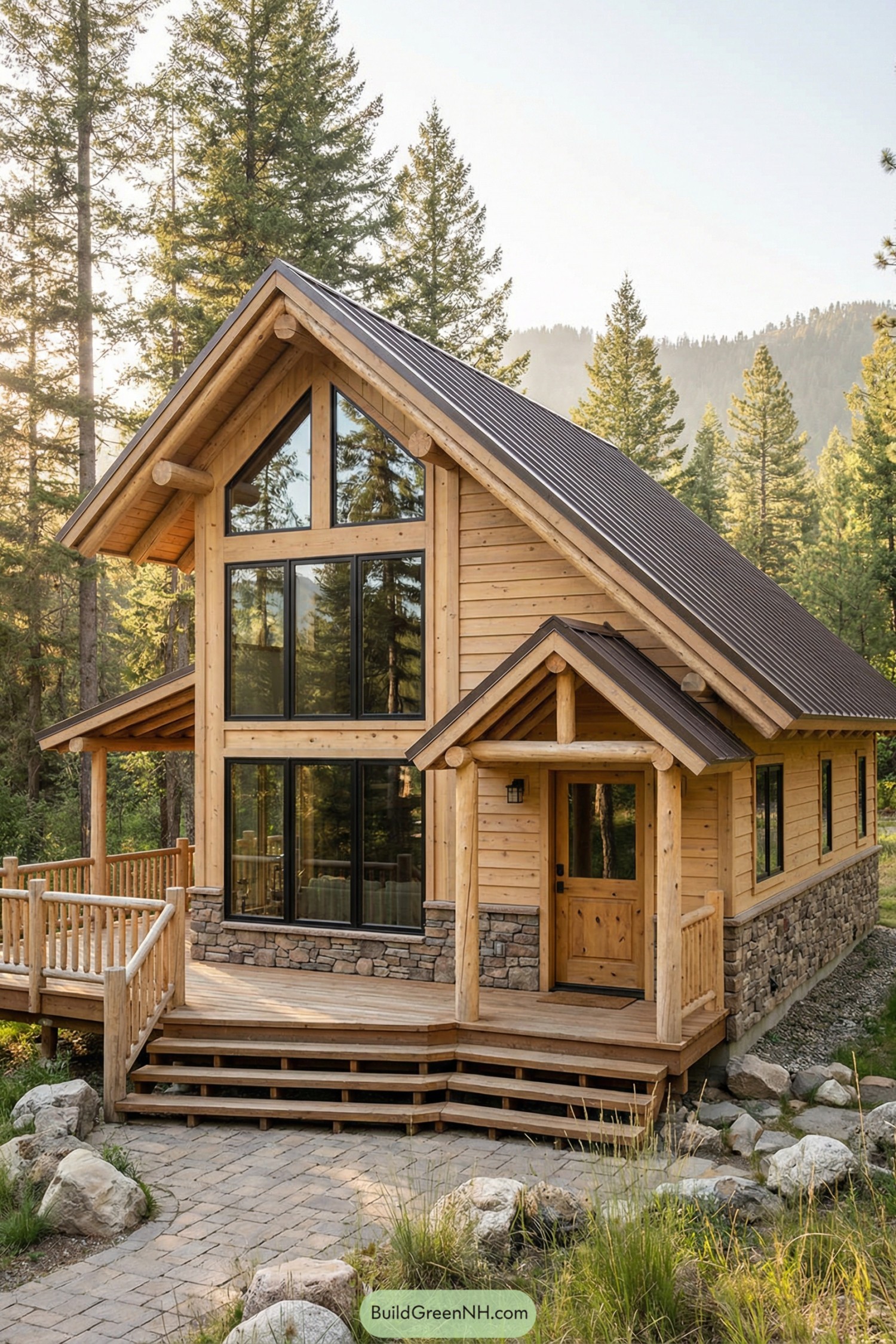 Wood and stone cabin with large windows in a forested mountain setting