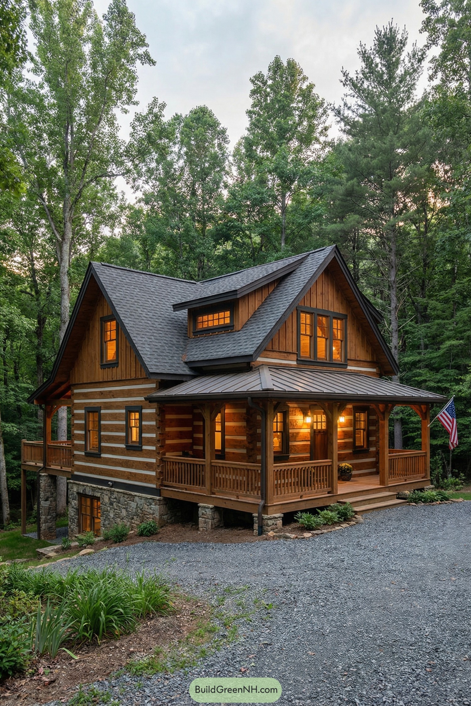 Rustic two-story log cabin with wraparound porch in a wooded setting