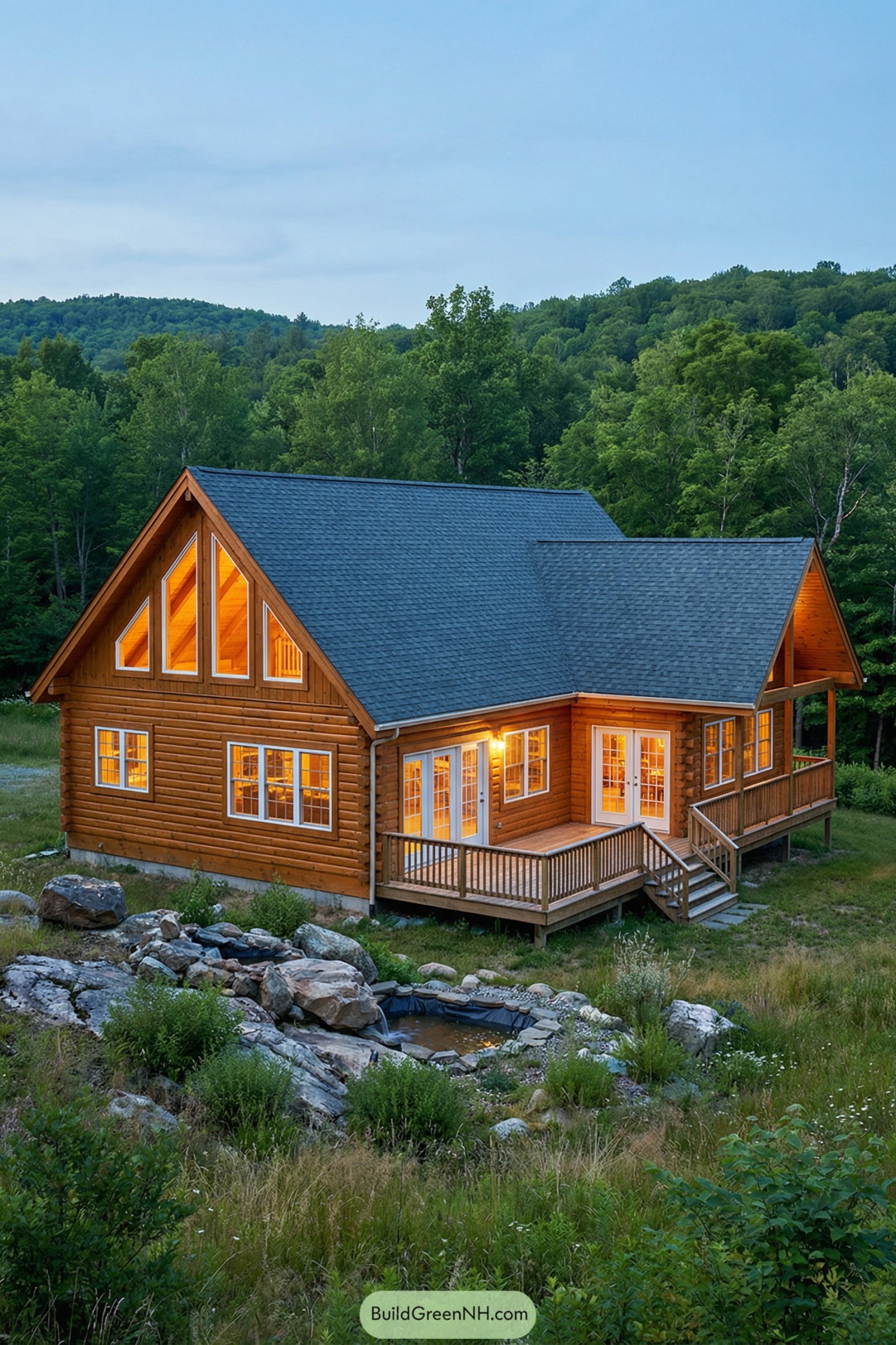 Cozy log cabin with glowing windows, wraparound porch, and small rock-lined pond in a green valley
