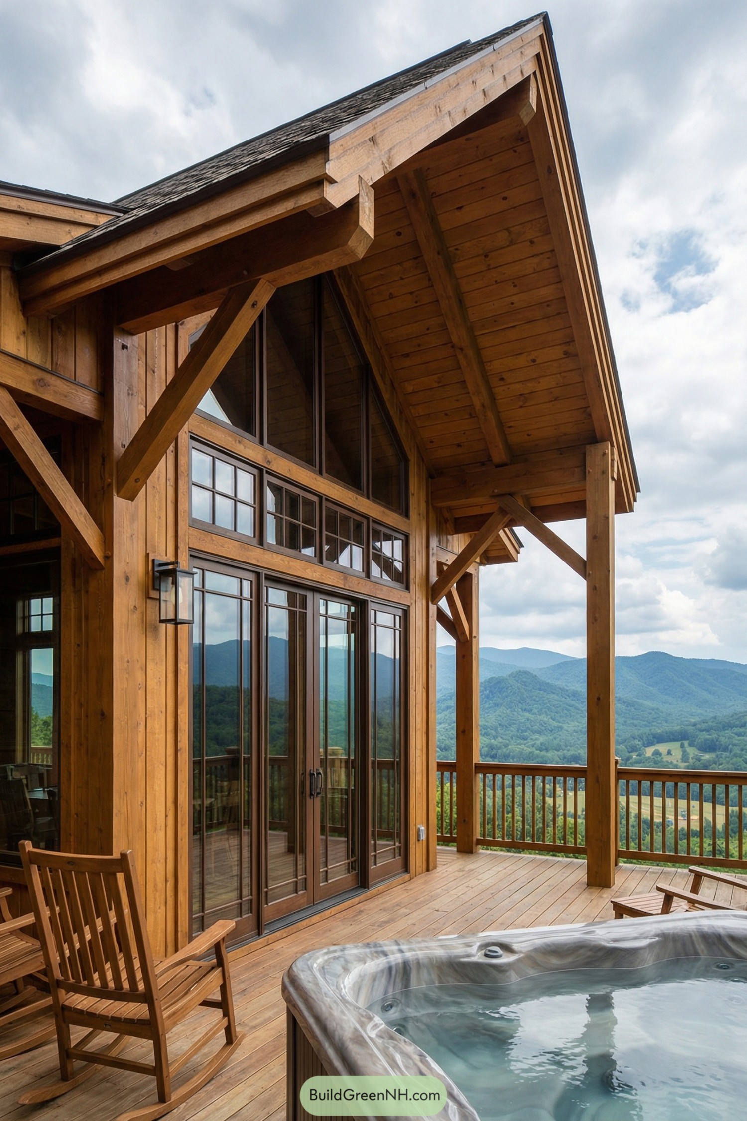 Wood cabin deck with large windows hot tub and mountain view