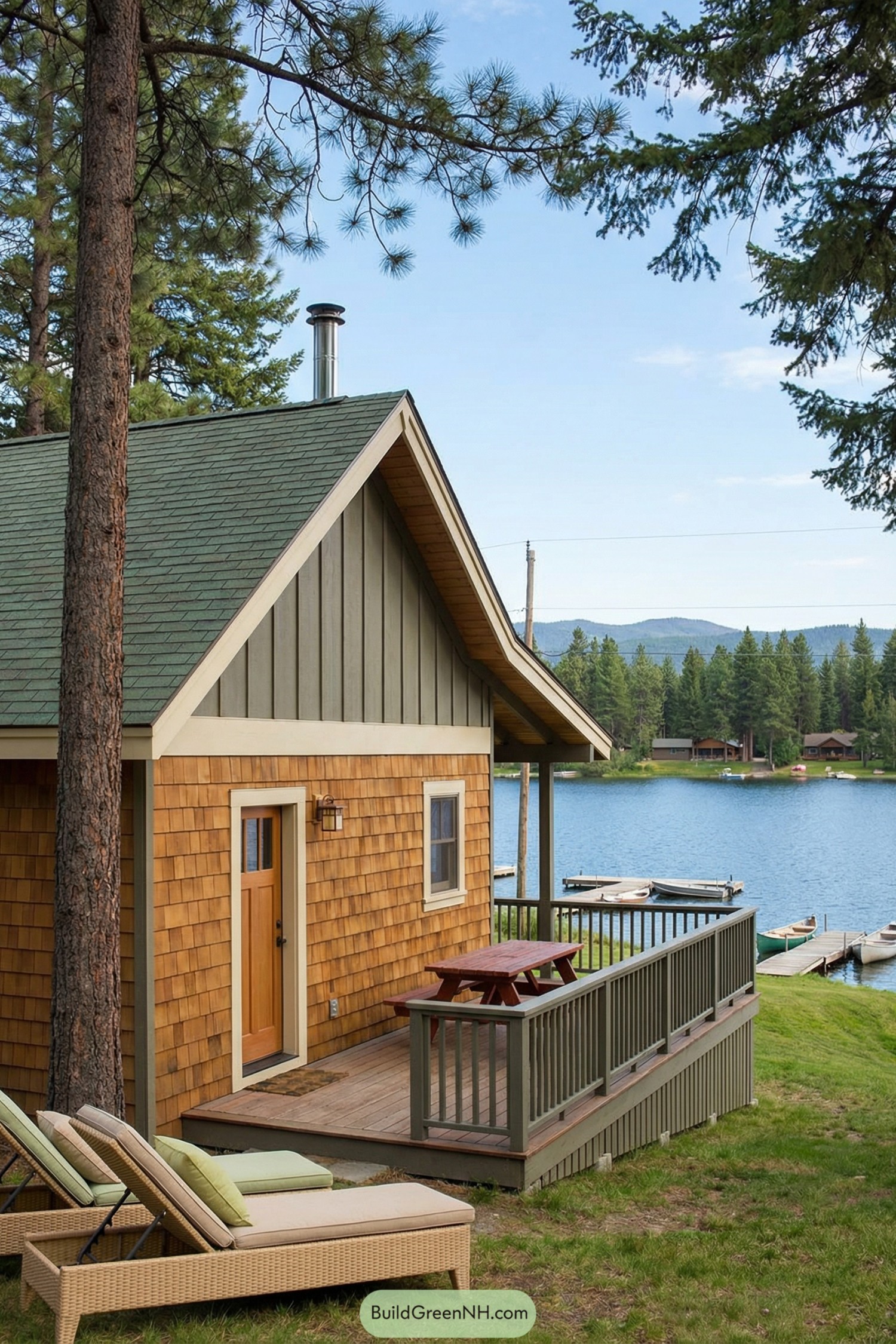 Small shingle-sided cabin with green roof and lakefront deck