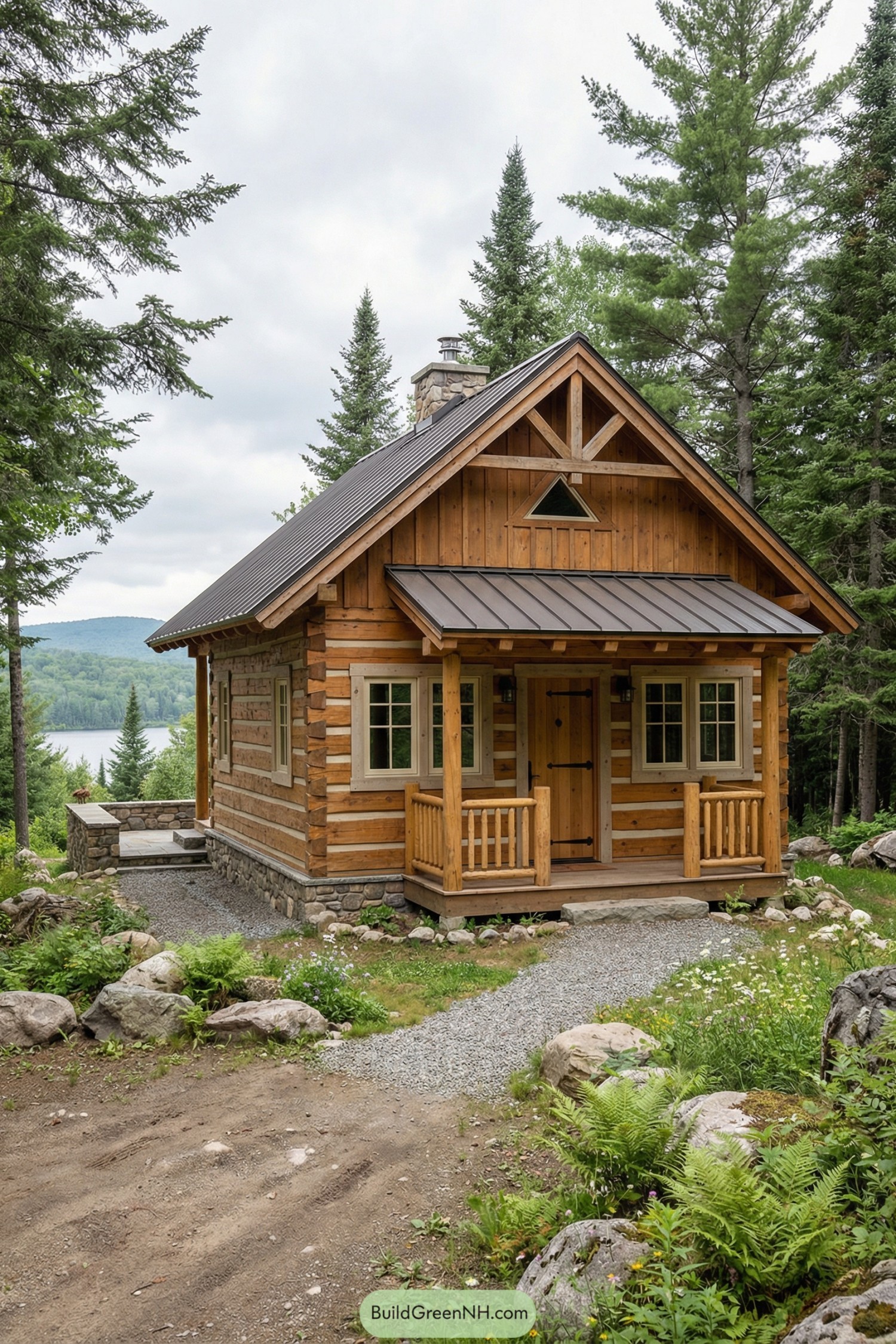 Small log cabin with metal roof, stone foundation, and front porch nestled in a forest above a lake