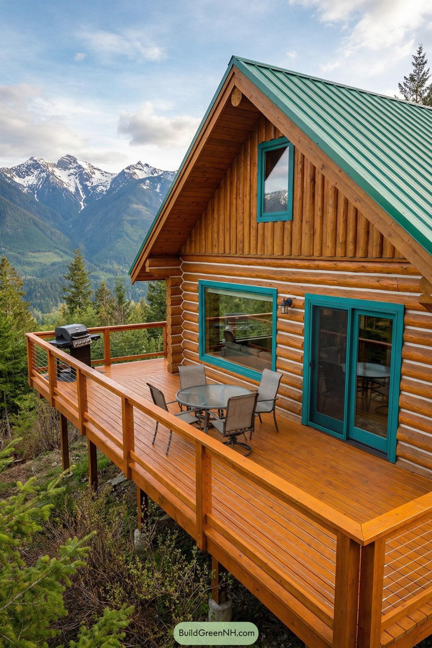 Log cabin with wraparound deck facing mountains