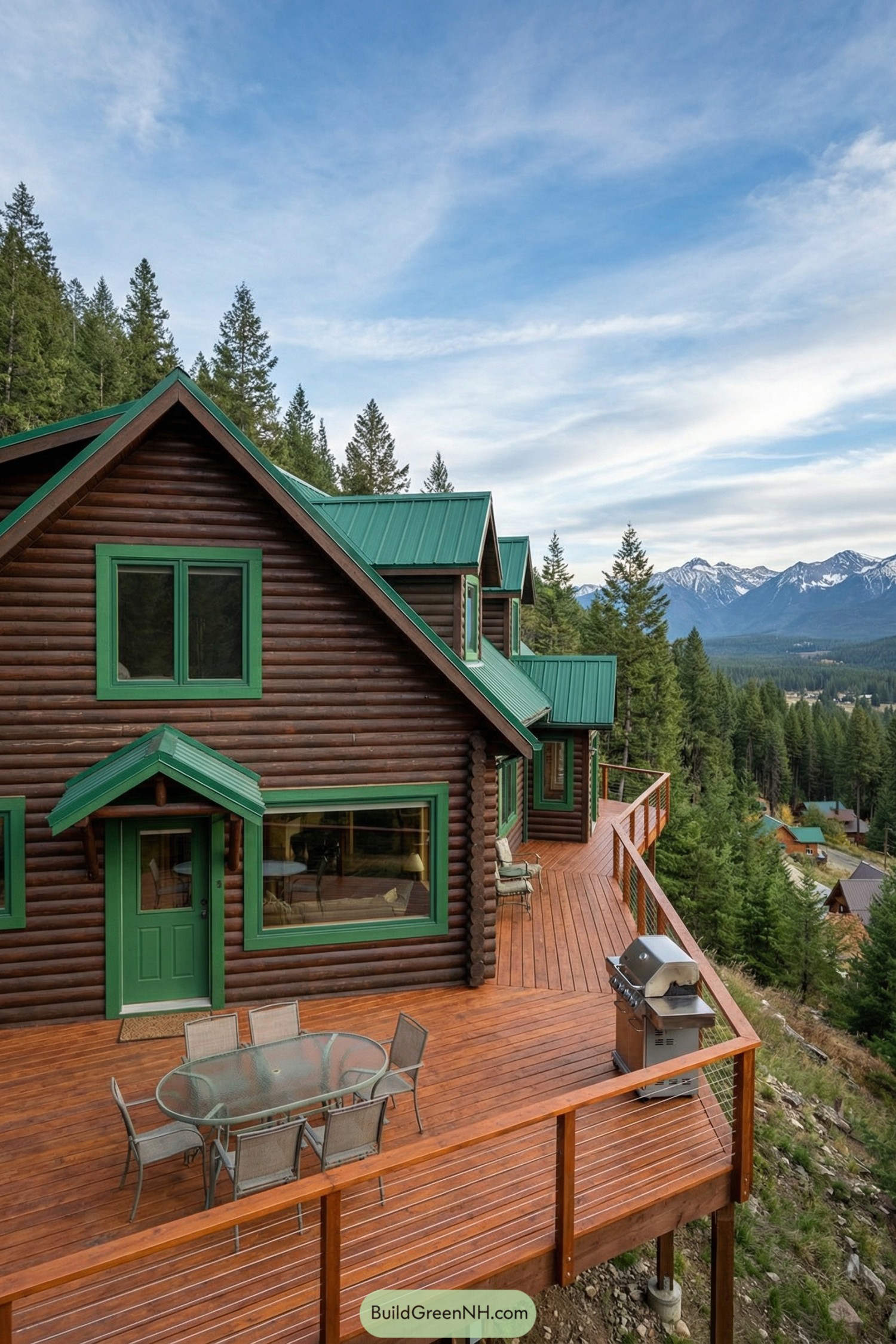 Rustic log cabin with green metal roof and expansive wraparound deck overlooking forested mountains