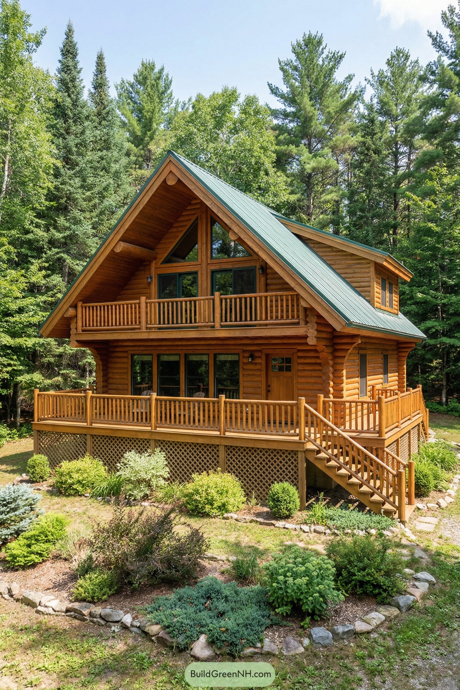 Two story log cabin with green metal roof and wraparound decks in a forest setting