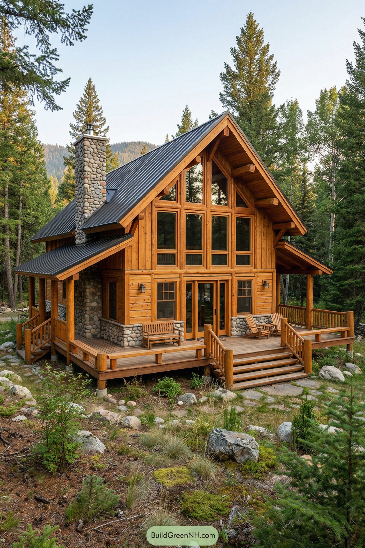 Rustic wood cabin with large windows and wraparound deck in forest setting