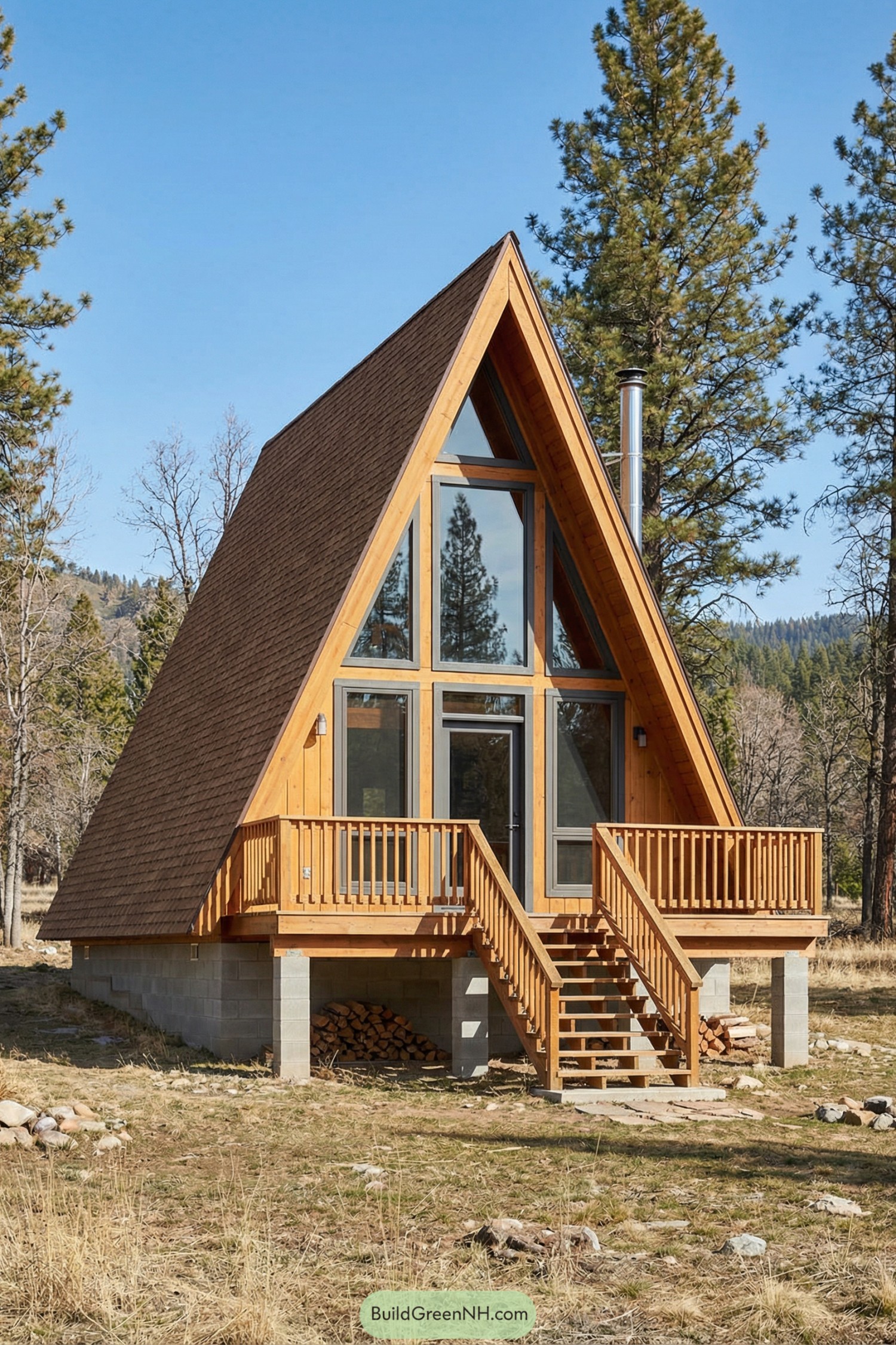 Tall A-frame wood cabin with large front windows, raised deck, and forest backdrop