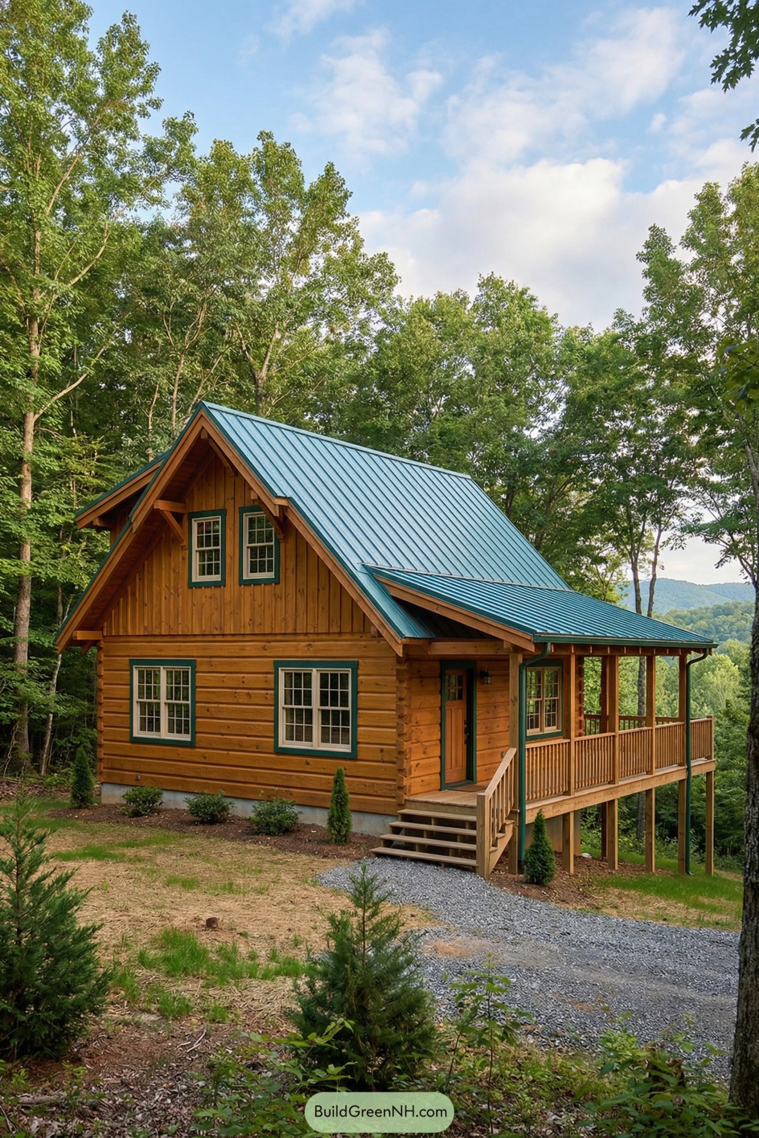 Wooden cabin with teal metal roof and wraparound porch in a forest setting