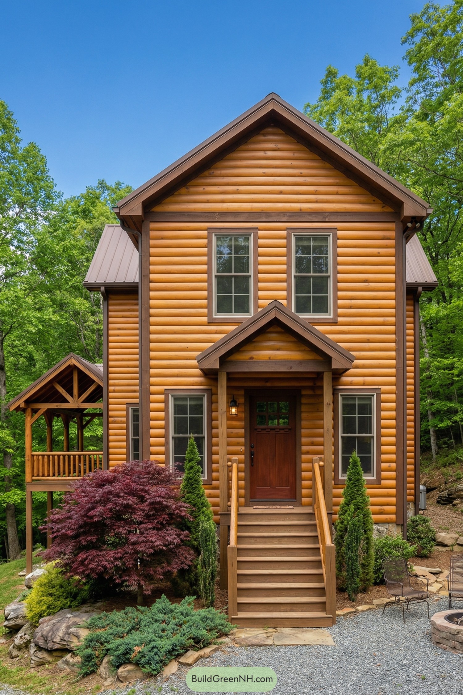 Tall log-sided cabin with front steps, covered entry, and side porch nestled in lush green woods