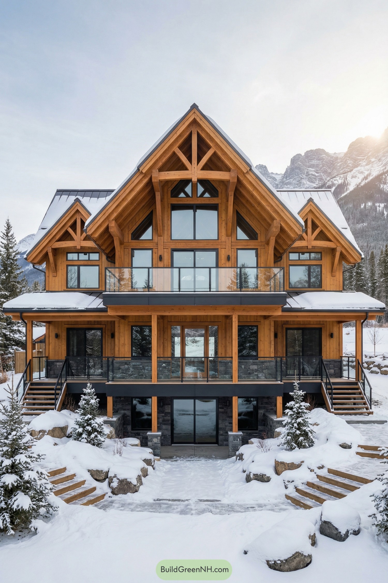 Three-story timber mountain lodge in fresh snow