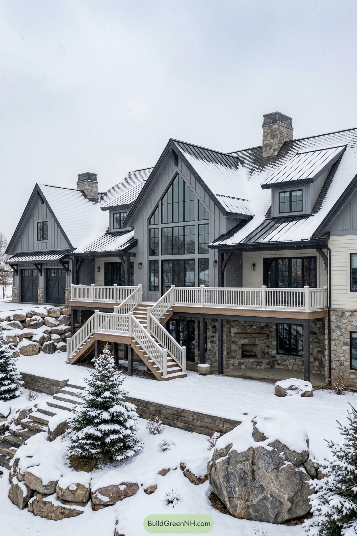 Modern gray mountainside home covered in snow