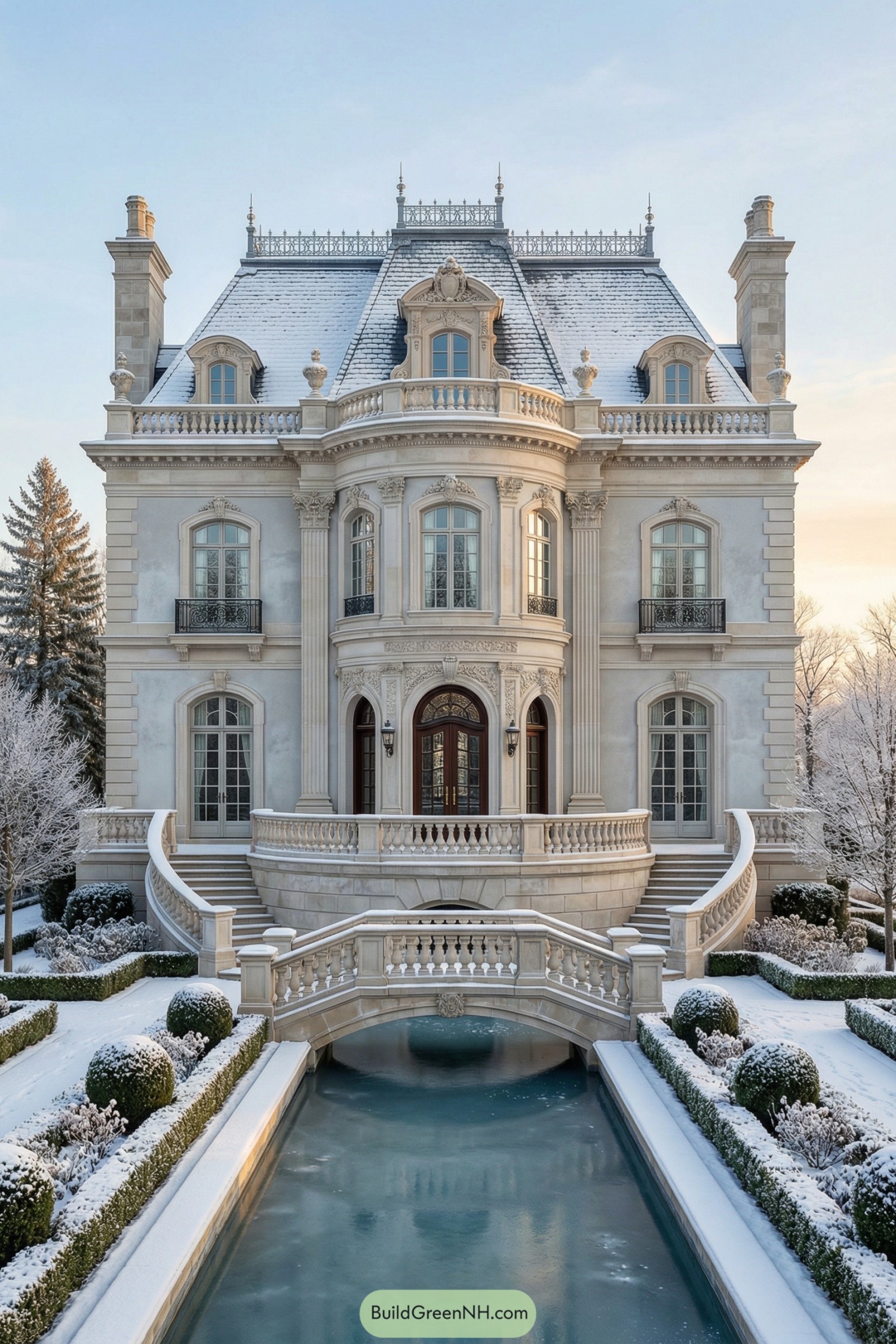Neoclassical mansion with snowy canal and bridge