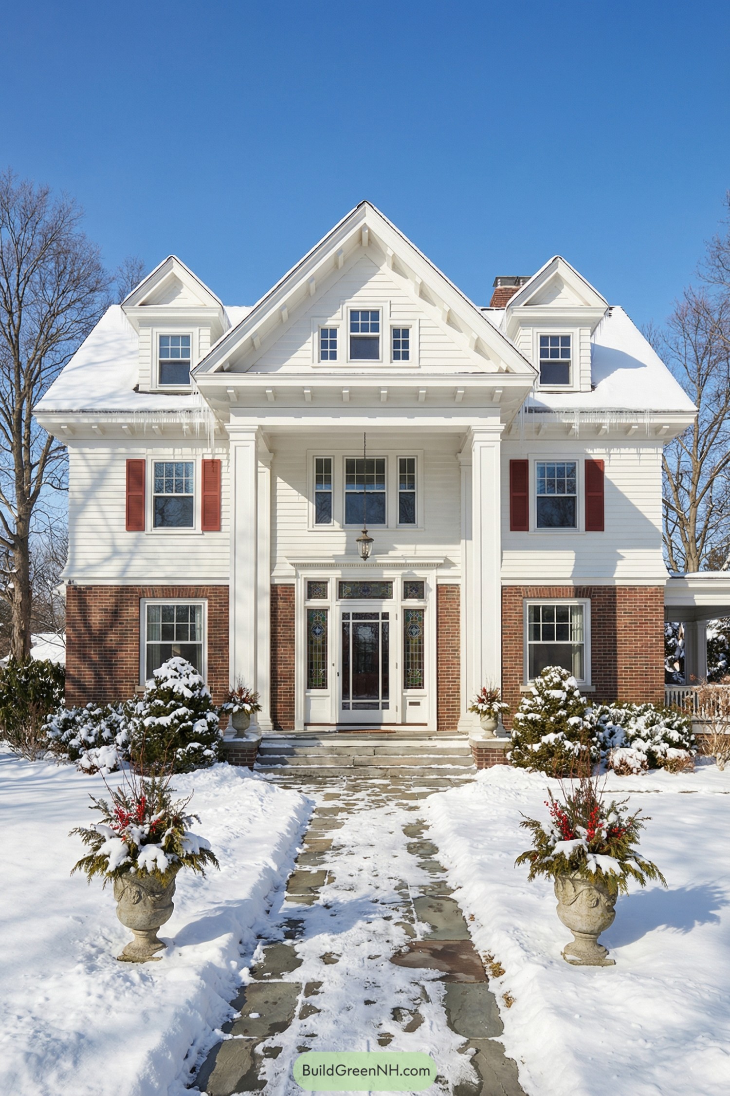 Tall white colonial-style house with brick accents and a snow-covered front walk
