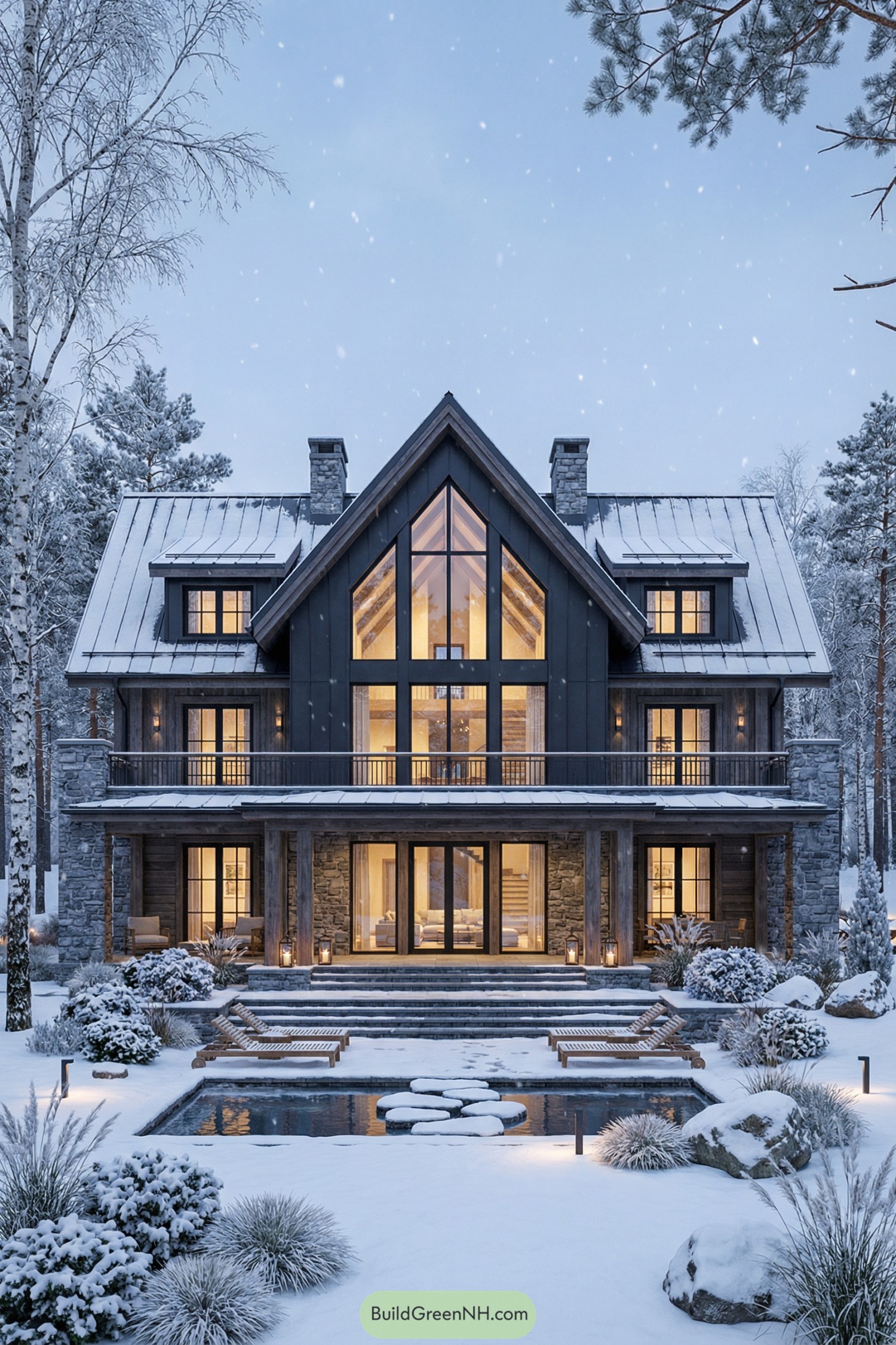 Modern three-story winter lodge with tall glass front facing a snowy pool